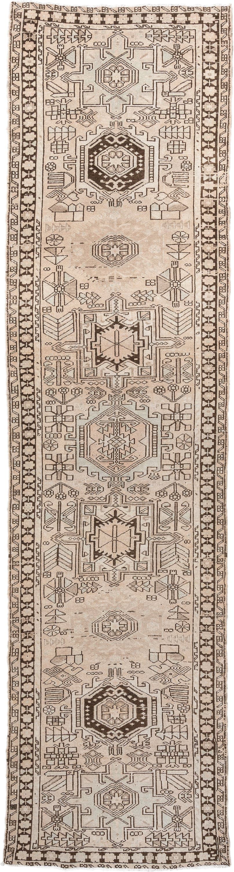 3' x 12' one-of-a-kind handmade antique Malayer runner rug. Color palette: ivory, taupe, brown, camel, charcoal, beige, gray
