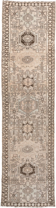 3' x 12' one-of-a-kind handmade antique Malayer runner rug. Color palette: ivory, taupe, brown, camel, charcoal, beige, gray
