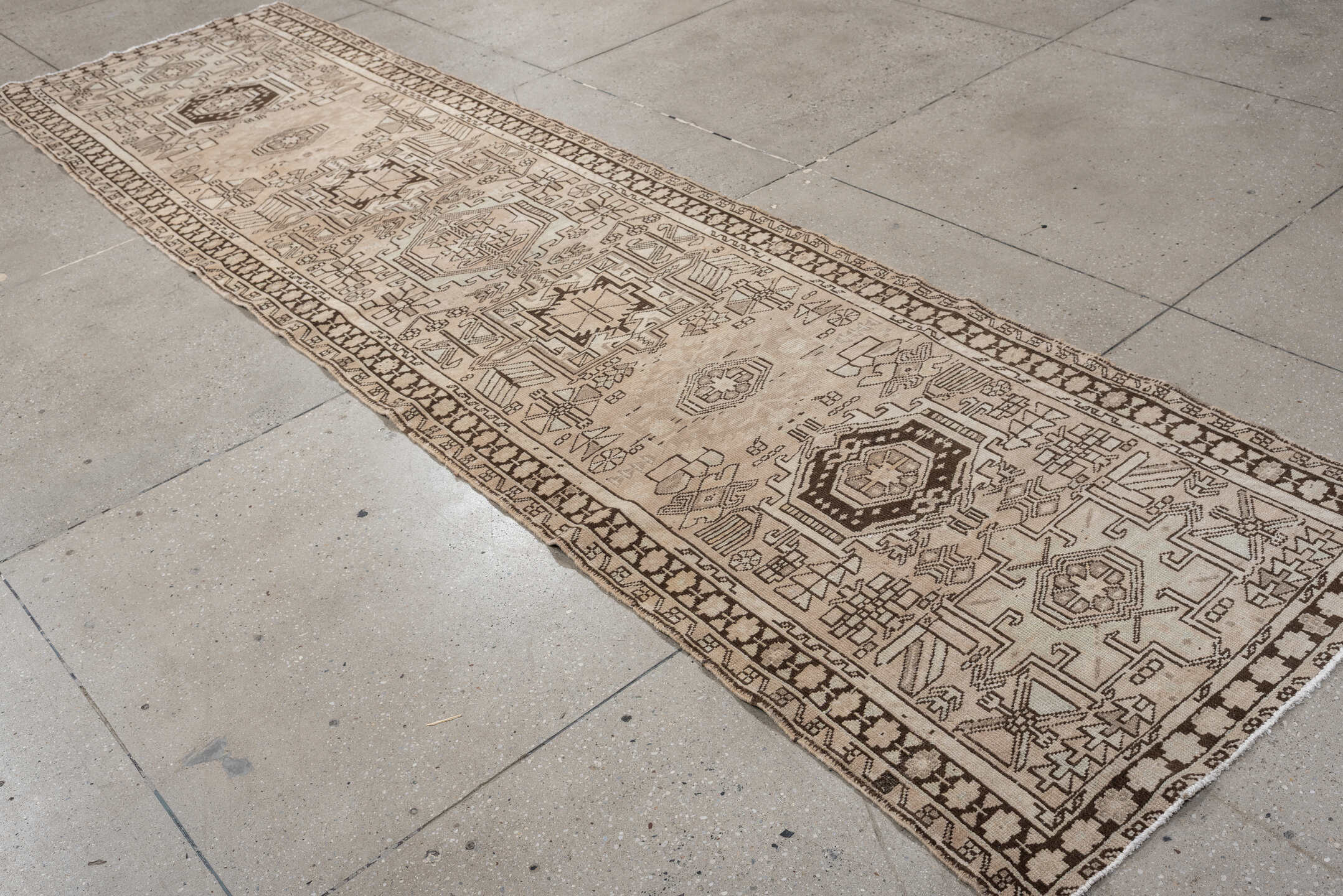 3' x 12' one-of-a-kind handmade antique Malayer runner rug. Color palette: ivory, taupe, brown, camel, charcoal, beige, gray
