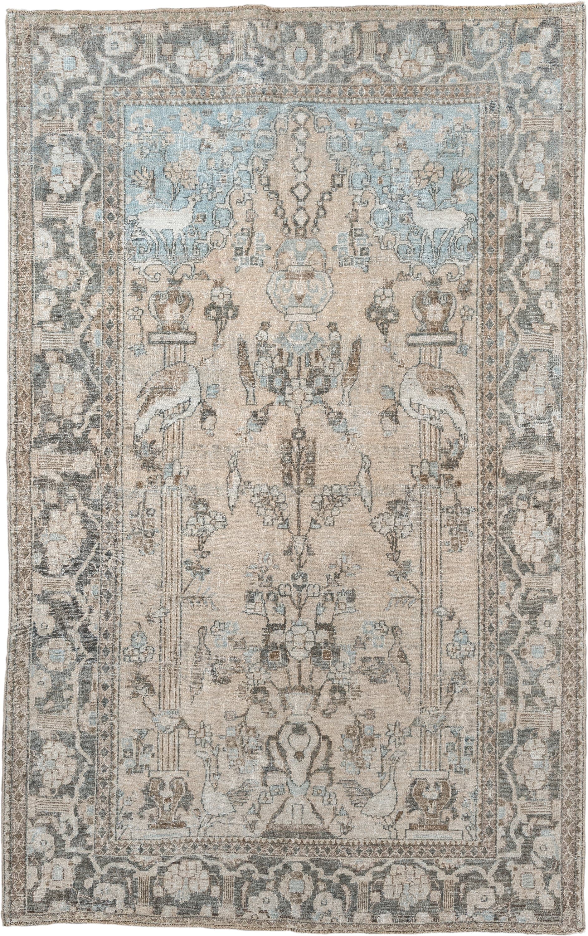 4' x 6' one-of-a-kind handmade antique Isfahan small size rug. Color palette: ivory, pale blue, charcoal, taupe, slate