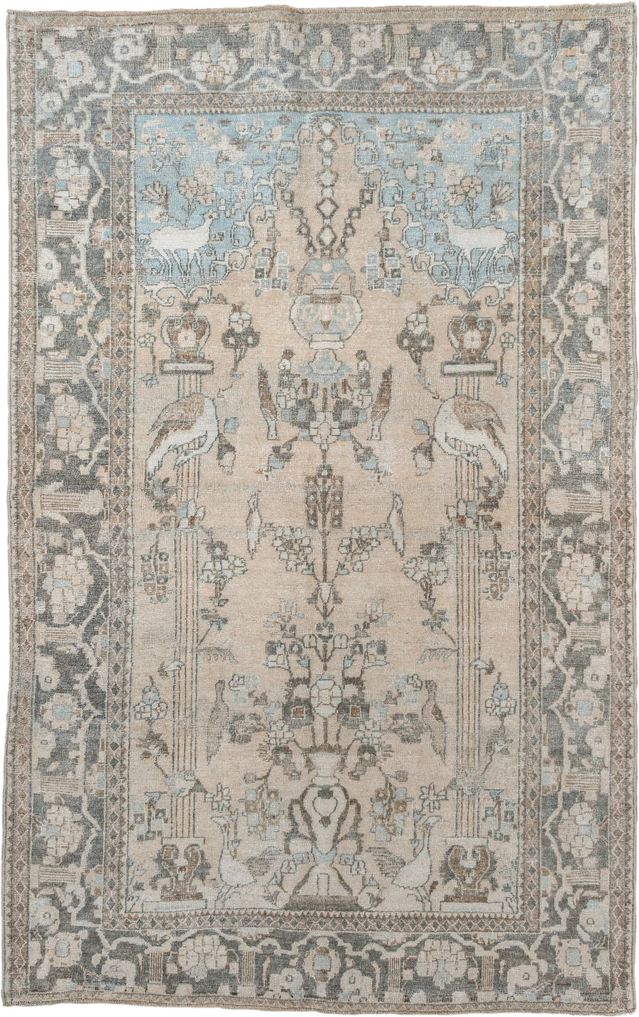 4' x 6' one-of-a-kind handmade antique Isfahan small size rug. Color palette: ivory, pale blue, charcoal, taupe, slate