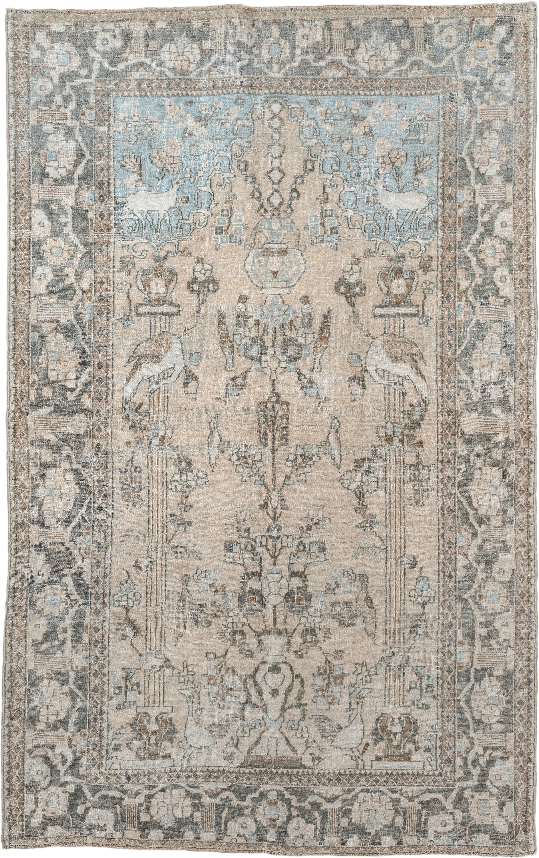 4' x 6' one-of-a-kind handmade antique Isfahan small size rug. Color palette: ivory, pale blue, charcoal, taupe, slate