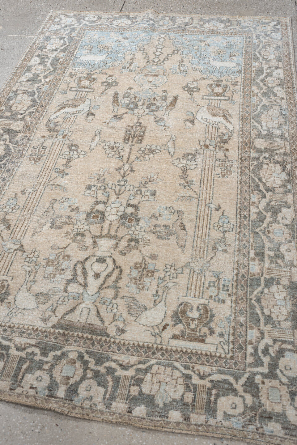 4' x 6' one-of-a-kind handmade antique Isfahan small size rug. Color palette: ivory, pale blue, charcoal, taupe, slate