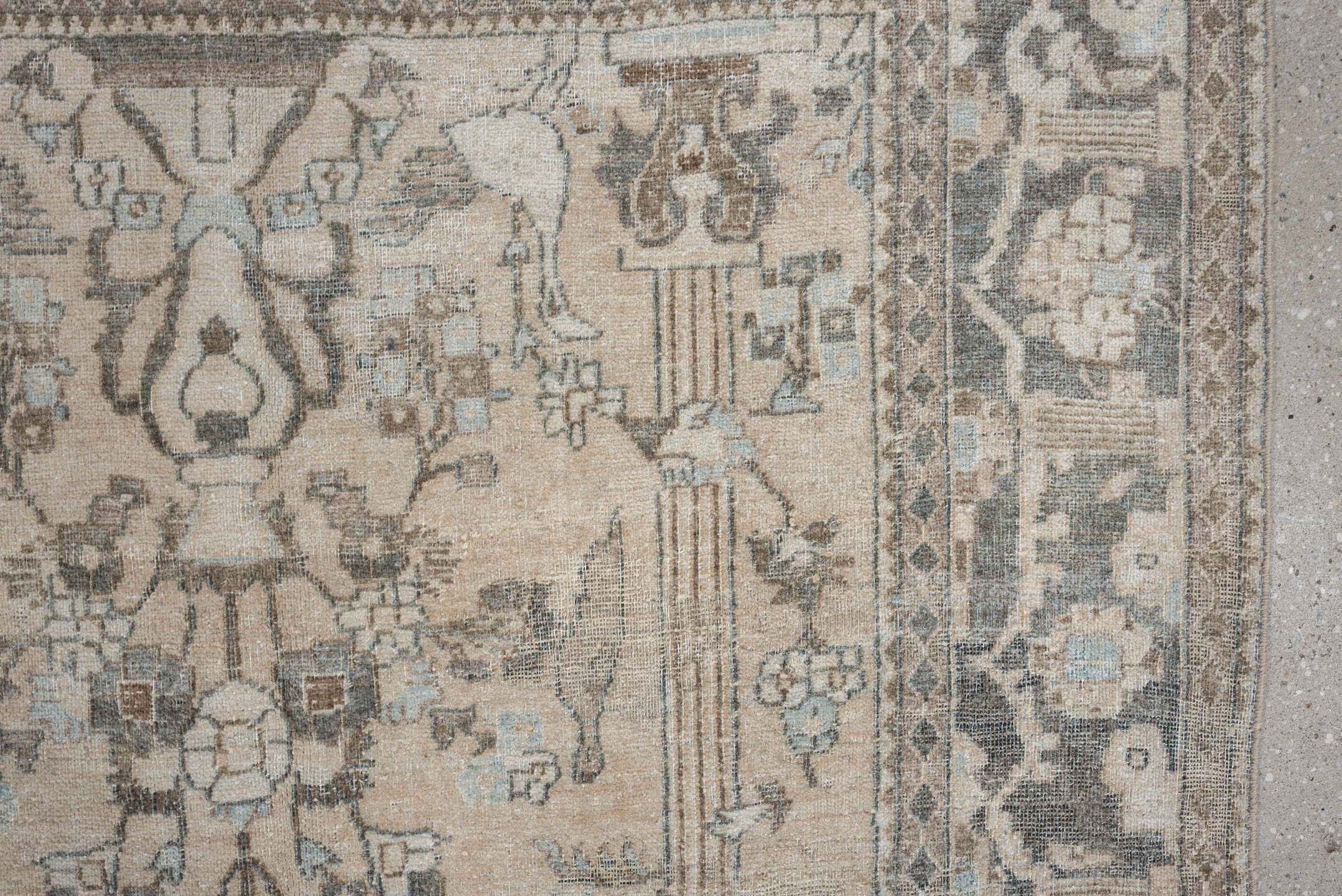 4' x 6' one-of-a-kind handmade antique Isfahan small size rug. Color palette: ivory, pale blue, charcoal, taupe, slate
