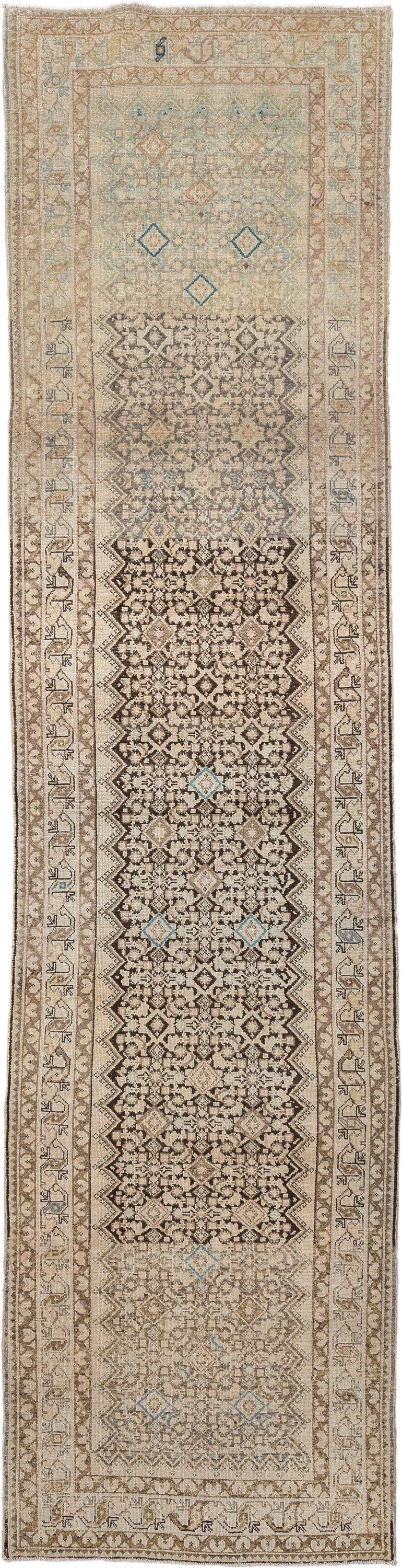 3' x 13' one-of-a-kind handmade antique Malayer runner rug. Color palette: ivory, taupe, brown, sky_blue, camel, charcoal