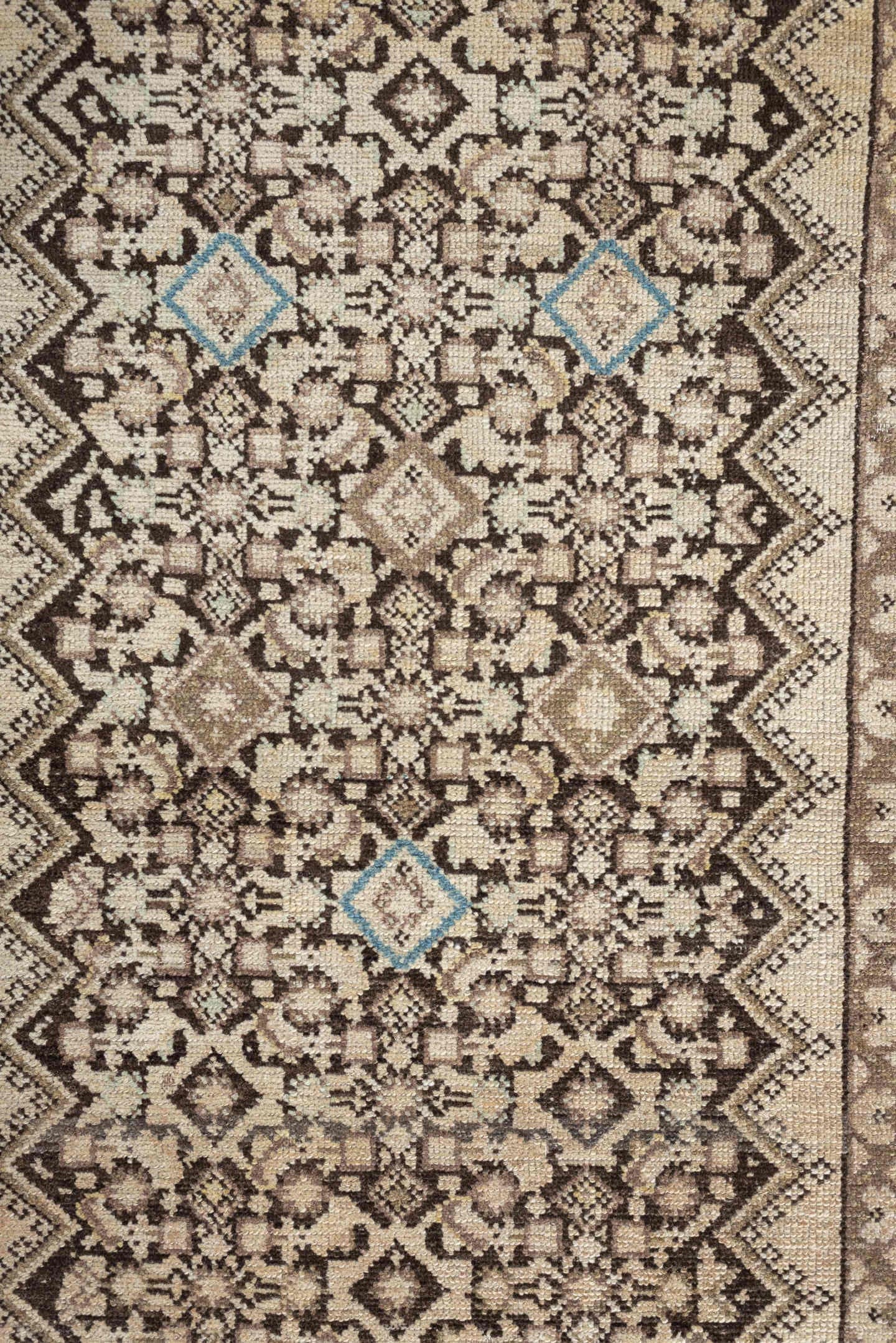 3' x 13' one-of-a-kind handmade antique Malayer runner rug. Color palette: ivory, taupe, brown, sky_blue, camel, charcoal