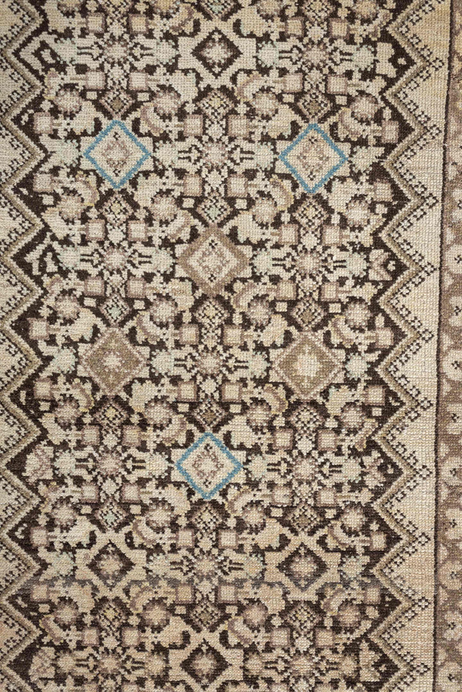 3' x 13' one-of-a-kind handmade antique Malayer runner rug. Color palette: ivory, taupe, brown, sky_blue, camel, charcoal