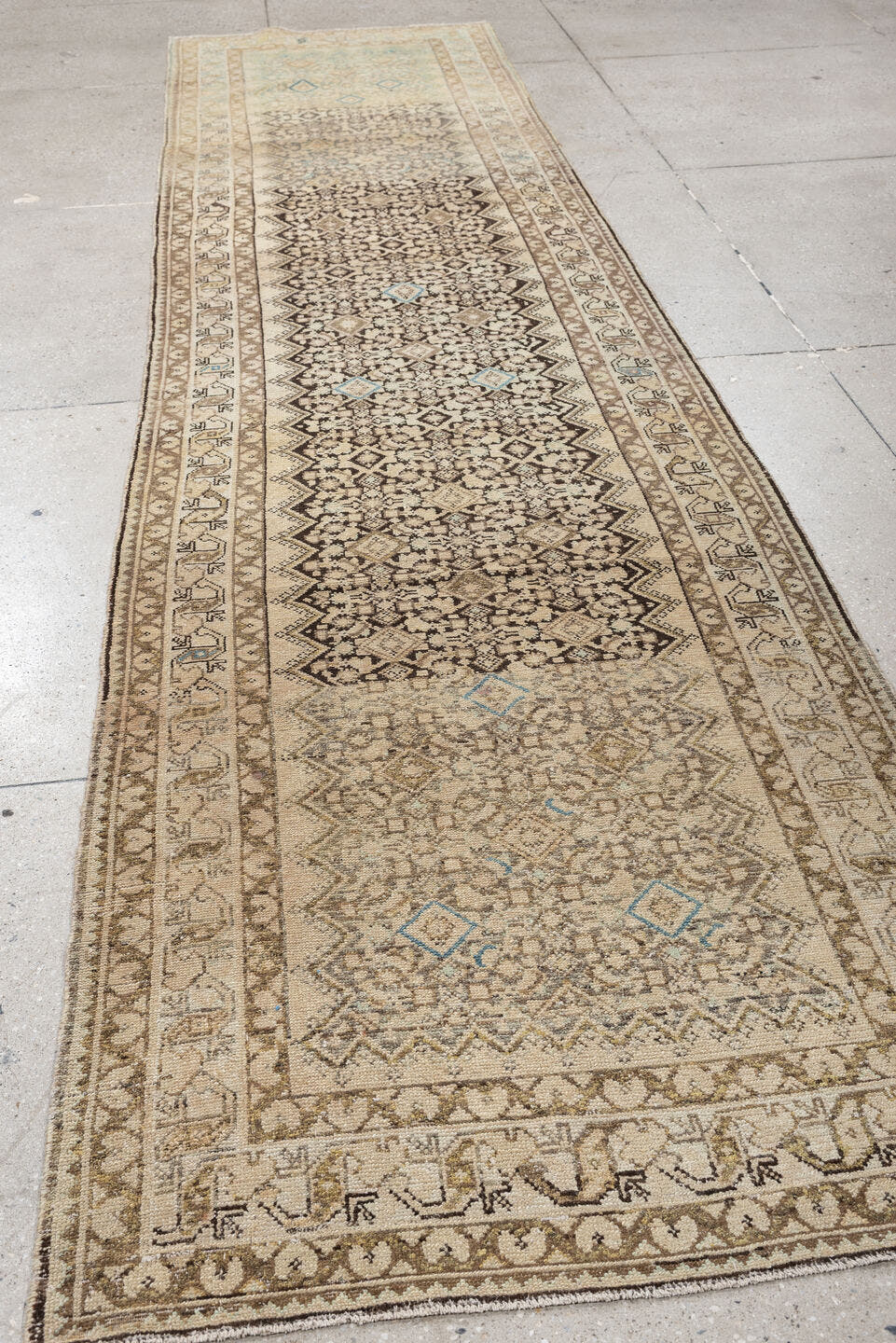 3' x 13' one-of-a-kind handmade antique Malayer runner rug. Color palette: ivory, taupe, brown, sky_blue, camel, charcoal
