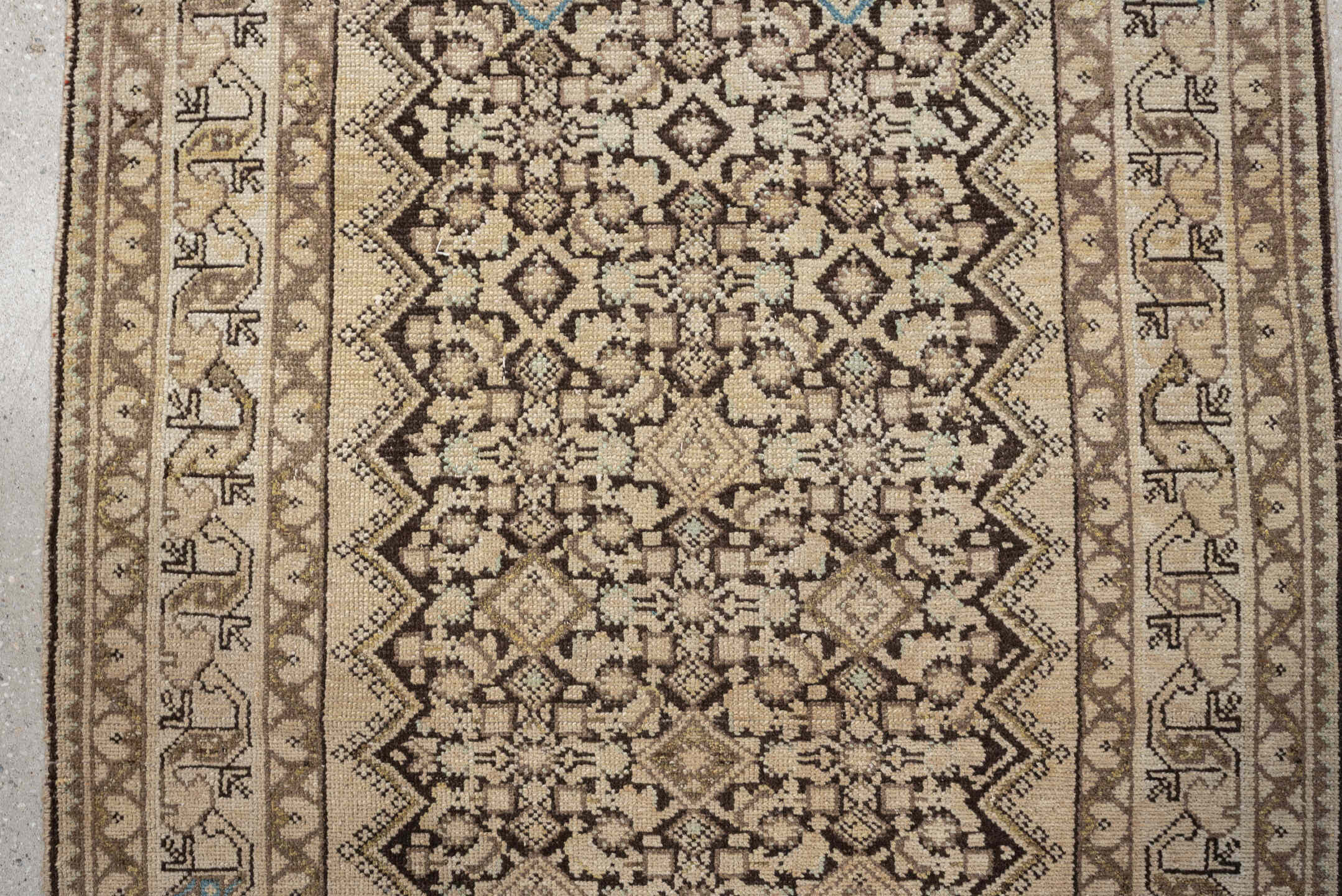3' x 13' one-of-a-kind handmade antique Malayer runner rug. Color palette: ivory, taupe, brown, sky_blue, camel, charcoal