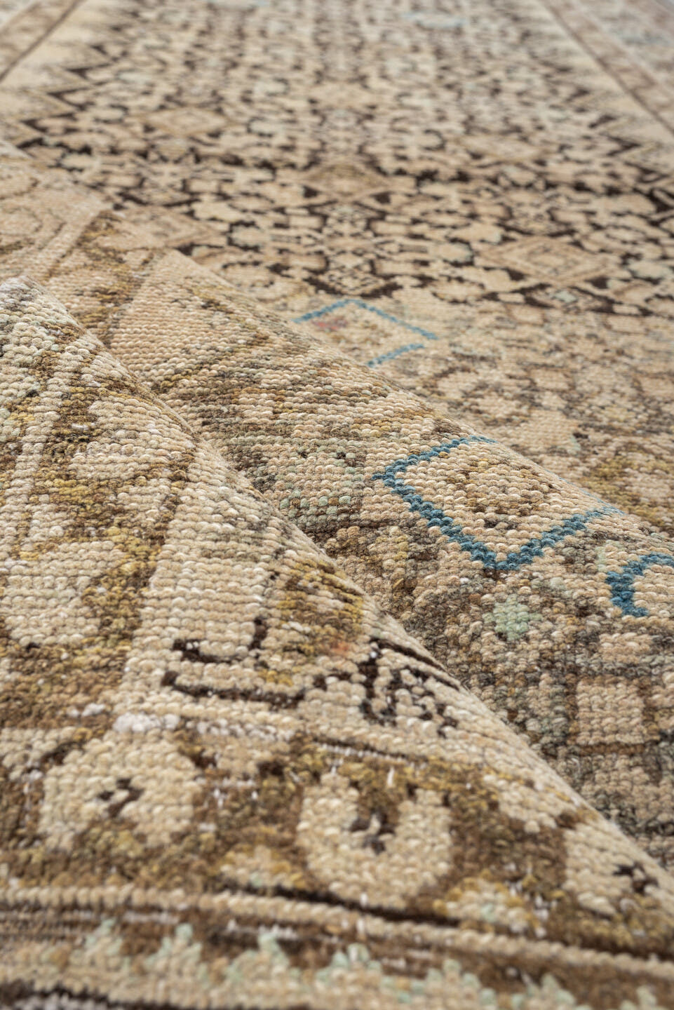 3' x 13' one-of-a-kind handmade antique Malayer runner rug. Color palette: ivory, taupe, brown, sky_blue, camel, charcoal