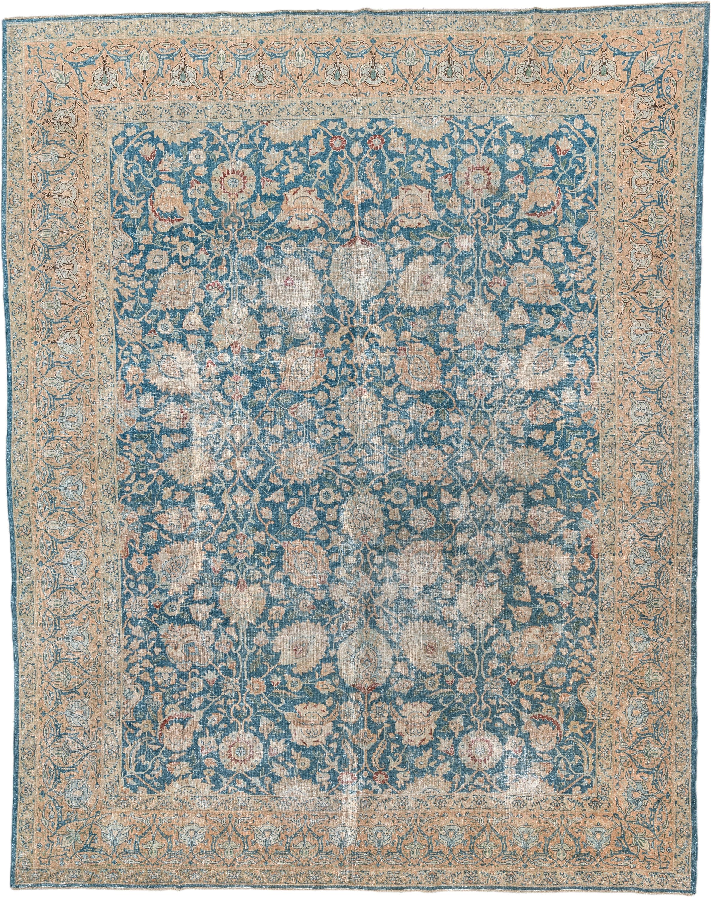 10' x 12' one-of-a-kind handmade antique Tabriz large size rug. Color palette: blue, ivory, beige, blush, terracotta, taupe