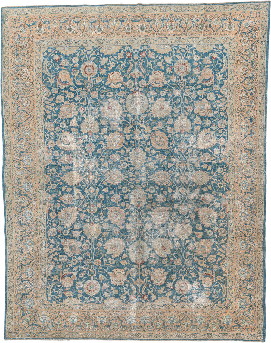 10' x 12' one-of-a-kind handmade antique Tabriz large size rug. Color palette: blue, ivory, beige, blush, terracotta, taupe