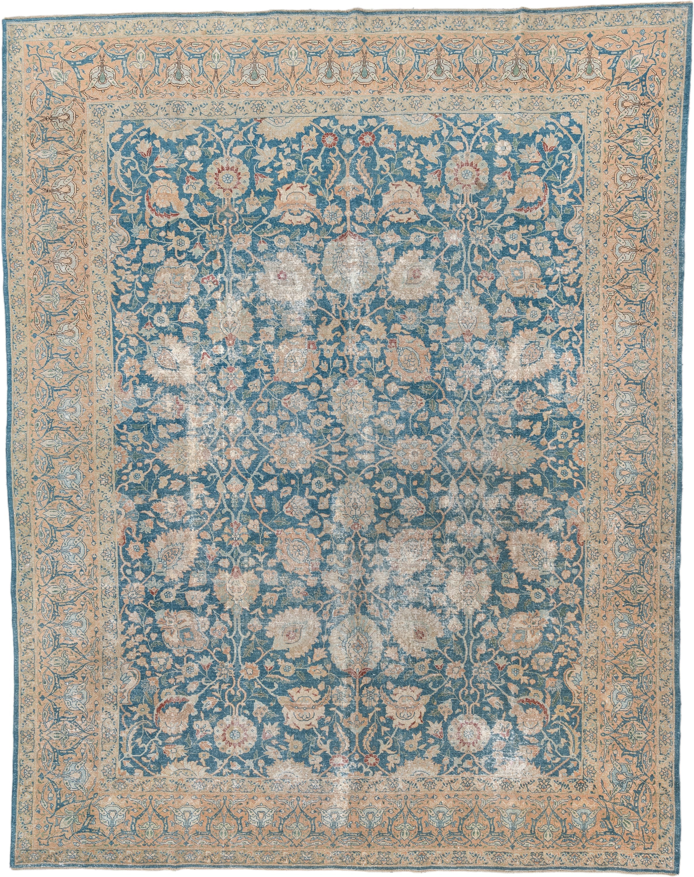 10' x 12' one-of-a-kind handmade antique Tabriz large size rug. Color palette: blue, ivory, beige, blush, terracotta, taupe