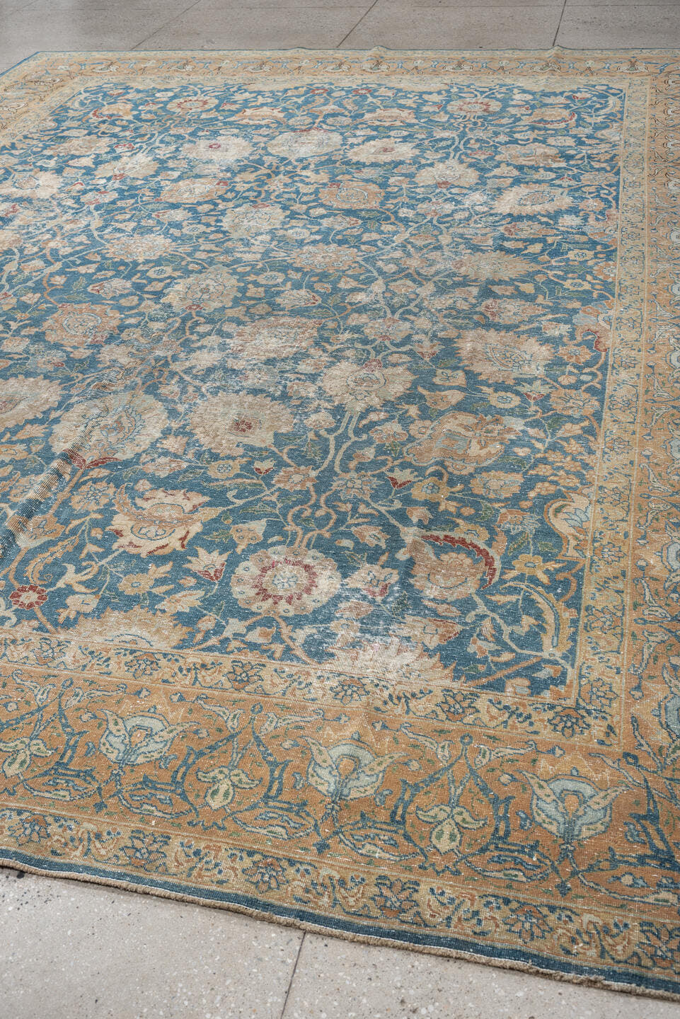 10' x 12' one-of-a-kind handmade antique Tabriz large size rug. Color palette: blue, ivory, beige, blush, terracotta, taupe