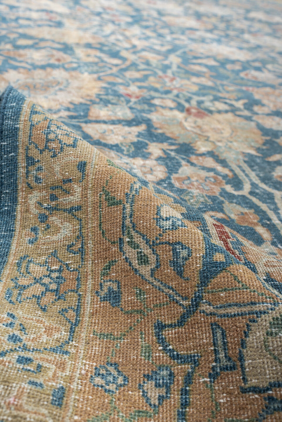 10' x 12' one-of-a-kind handmade antique Tabriz large size rug. Color palette: blue, ivory, beige, blush, terracotta, taupe