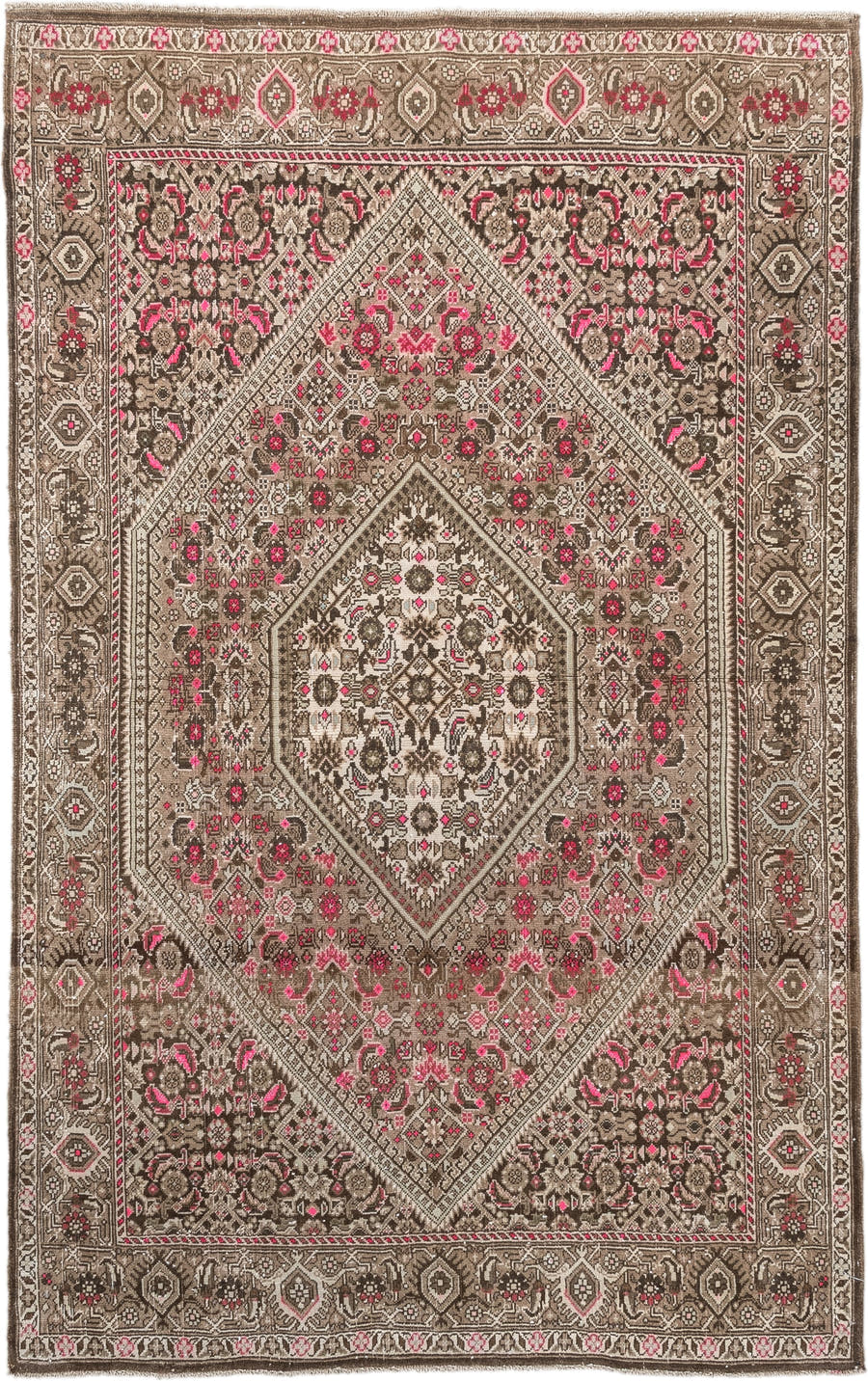 3' x 5' one-of-a-kind handmade antique Sivas small size rug. Color palette: taupe, brown, ivory, rose, crimson, charcoal