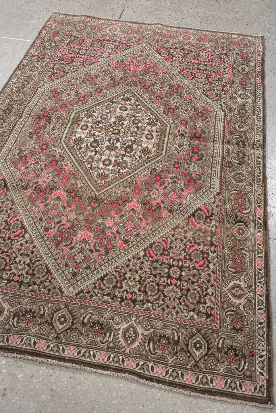 3' x 5' one-of-a-kind handmade antique Sivas small size rug. Color palette: taupe, brown, ivory, rose, crimson, charcoal