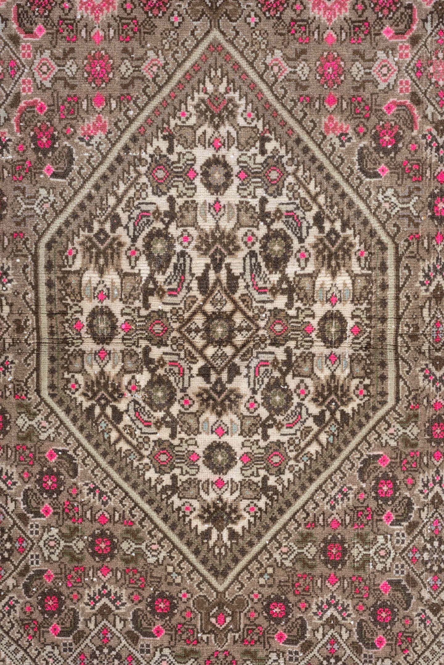 3' x 5' one-of-a-kind handmade antique Sivas small size rug. Color palette: taupe, brown, ivory, rose, crimson, charcoal