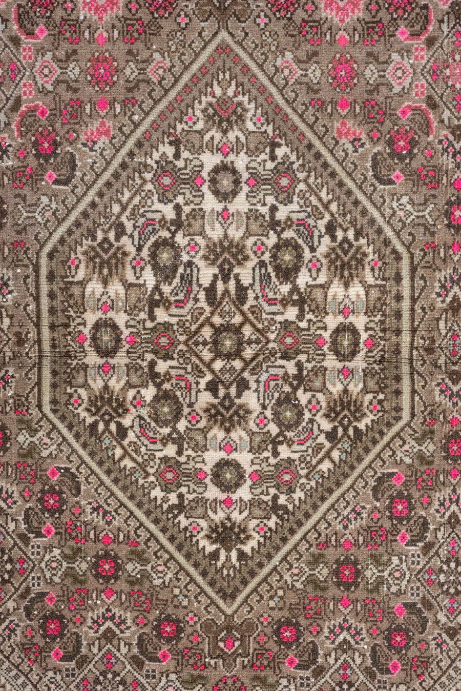 3' x 5' one-of-a-kind handmade antique Sivas small size rug. Color palette: taupe, brown, ivory, rose, crimson, charcoal