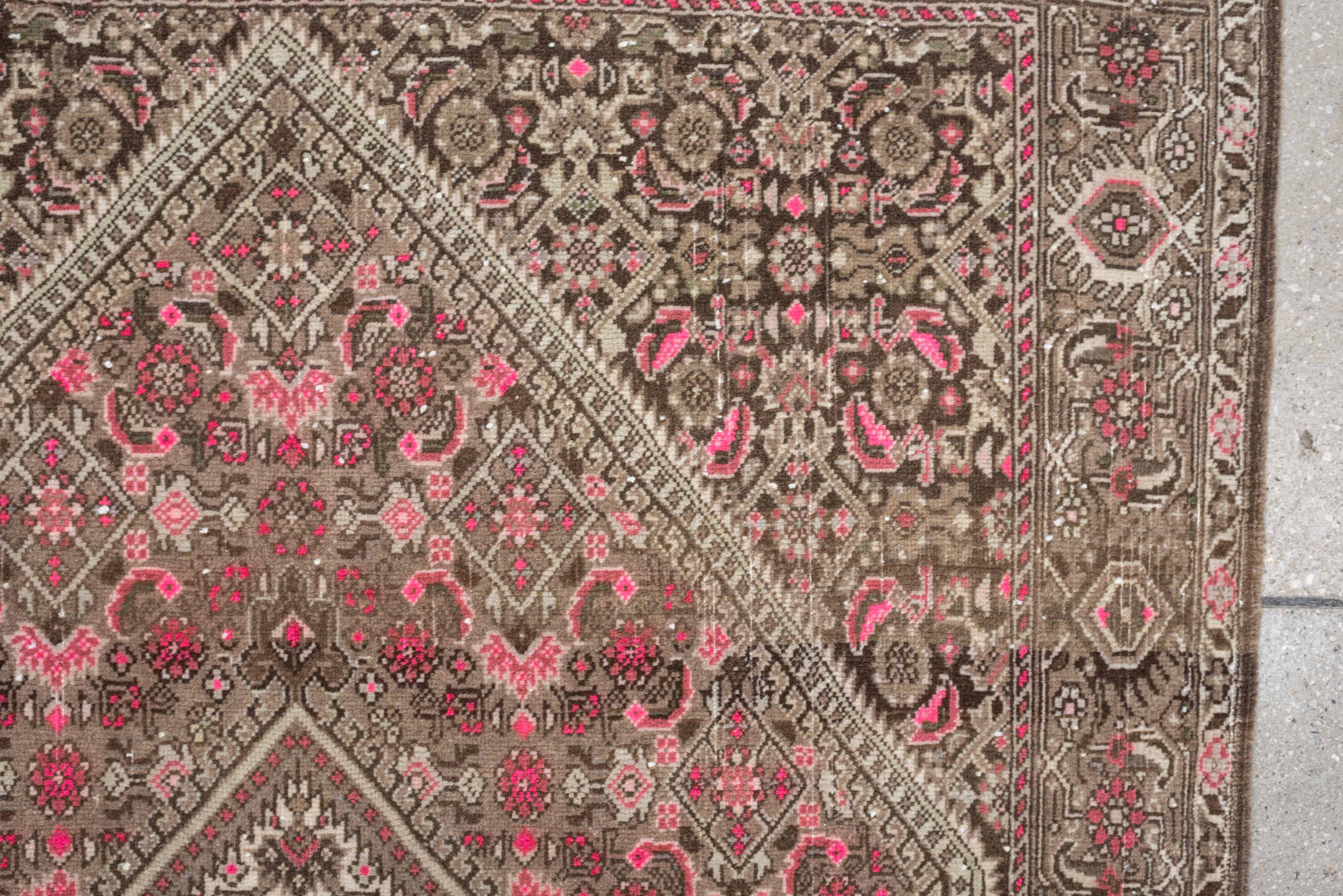 3' x 5' one-of-a-kind handmade antique Sivas small size rug. Color palette: taupe, brown, ivory, rose, crimson, charcoal