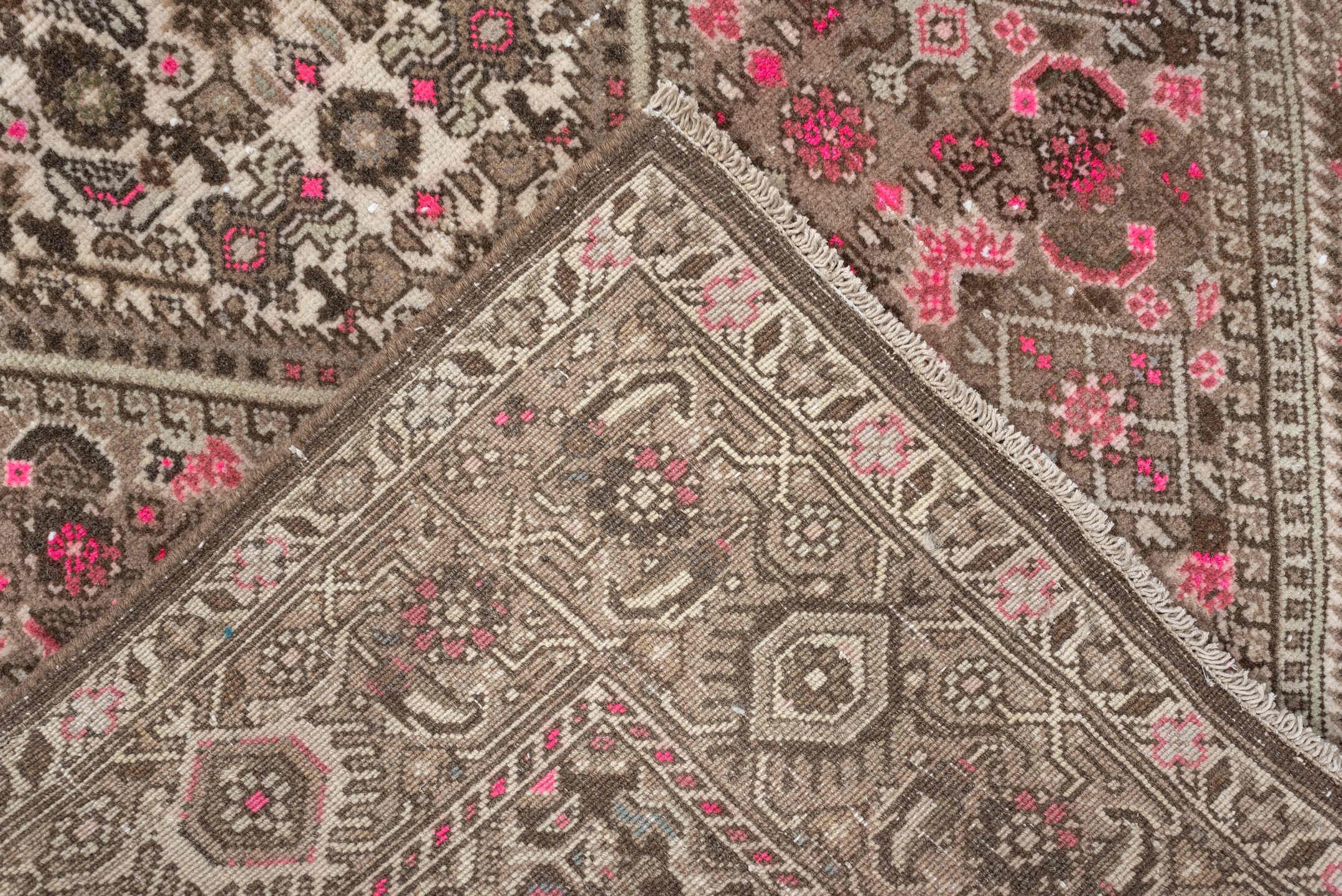 3' x 5' one-of-a-kind handmade antique Sivas small size rug. Color palette: taupe, brown, ivory, rose, crimson, charcoal