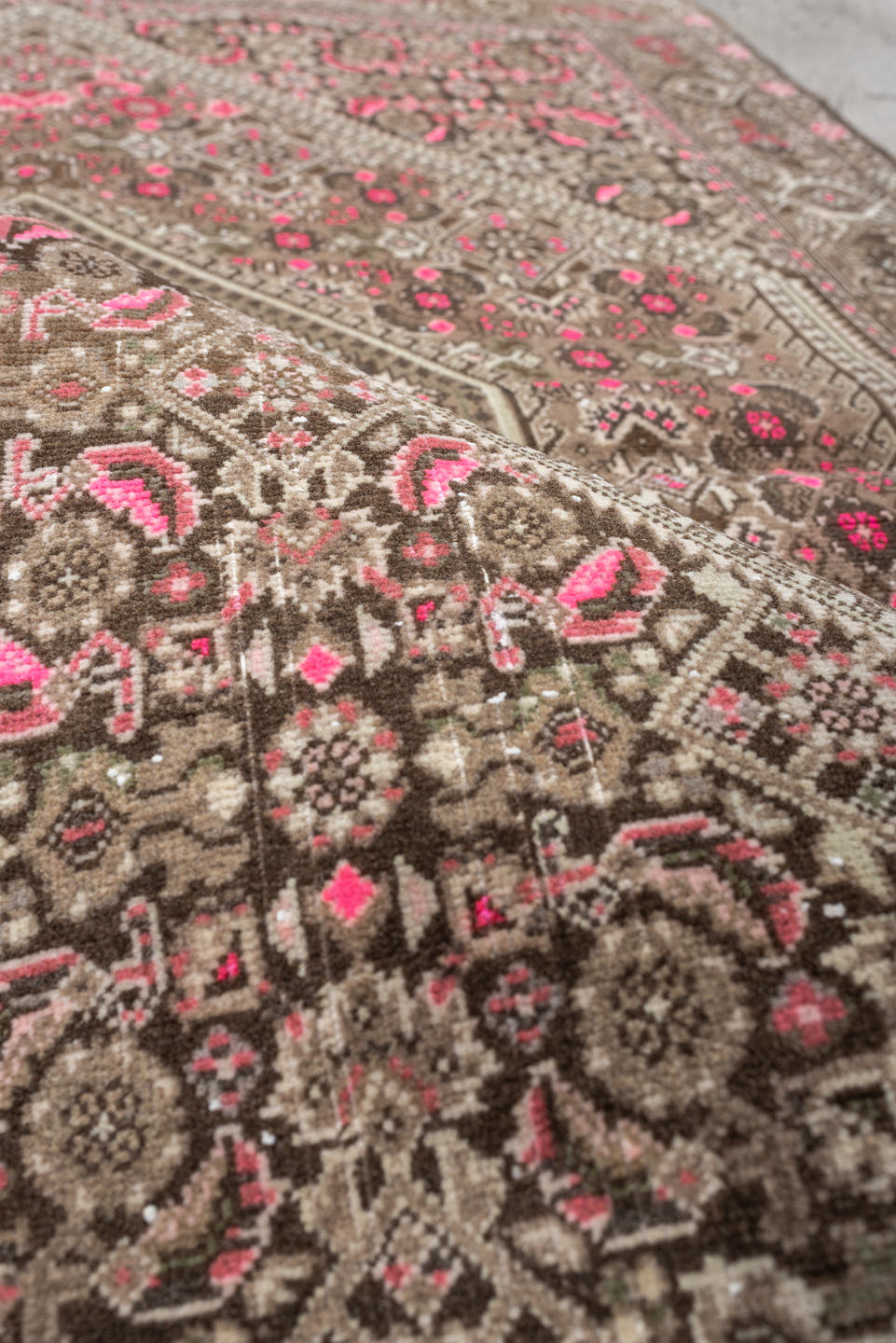 3' x 5' one-of-a-kind handmade antique Sivas small size rug. Color palette: taupe, brown, ivory, rose, crimson, charcoal