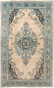 4' x 6' one-of-a-kind handmade antique Tabriz rug. Color palette: ivory, sky blue, slate, charcoal, taupe, camel, light blue