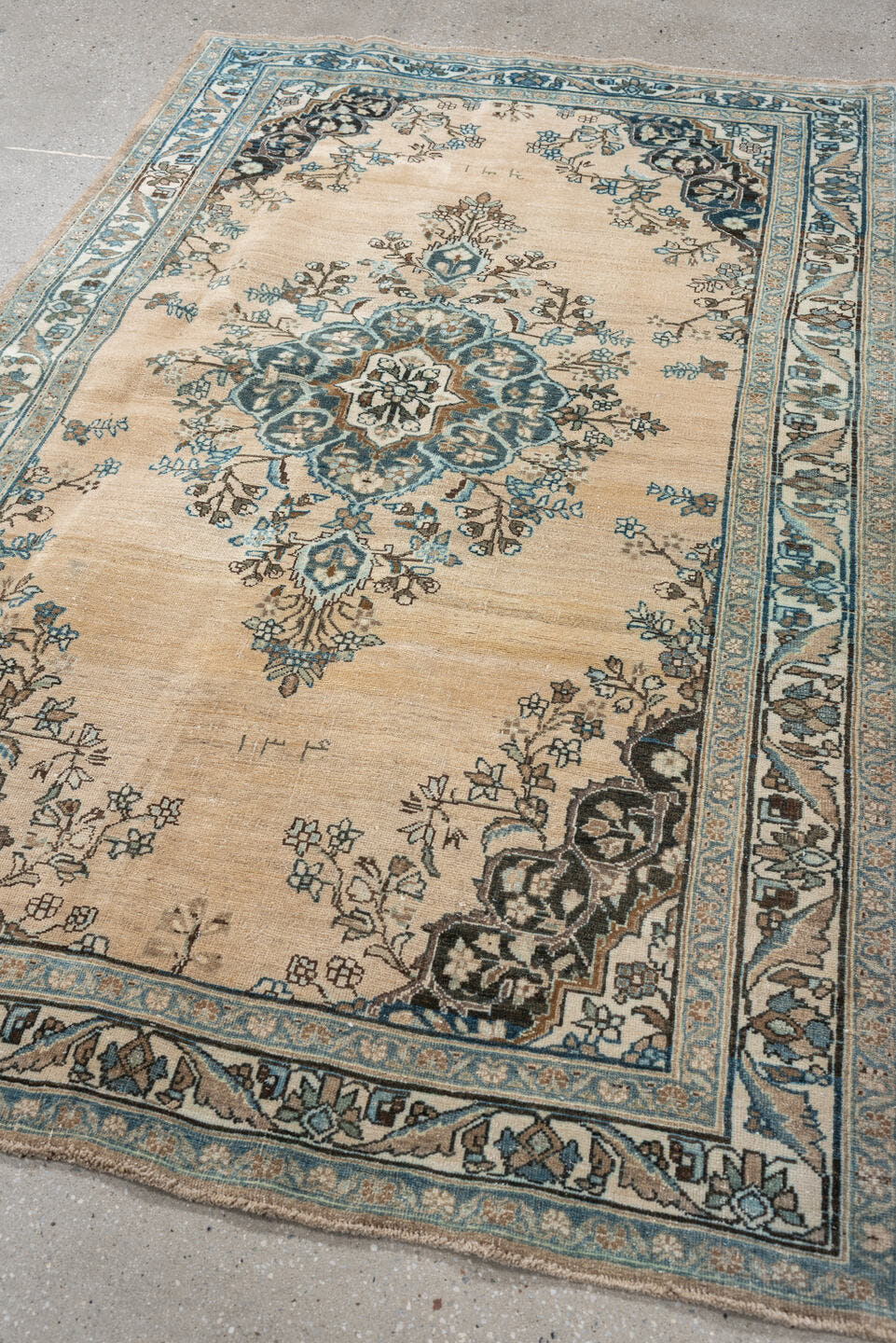 4' x 6' one-of-a-kind handmade antique Tabriz rug. Color palette: ivory, sky blue, slate, charcoal, taupe, camel, light blue