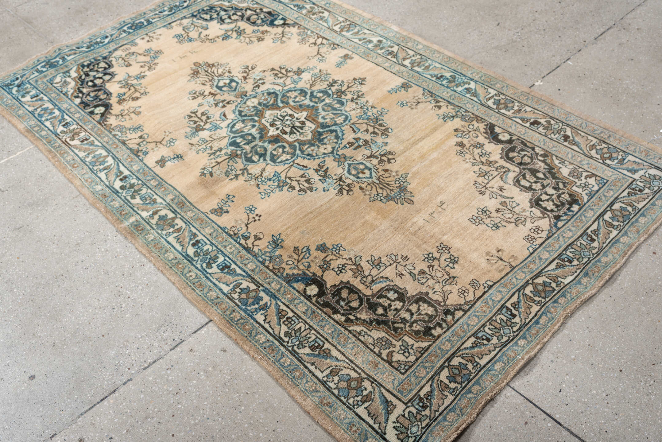 4' x 6' one-of-a-kind handmade antique Tabriz rug. Color palette: ivory, sky blue, slate, charcoal, taupe, camel, light blue