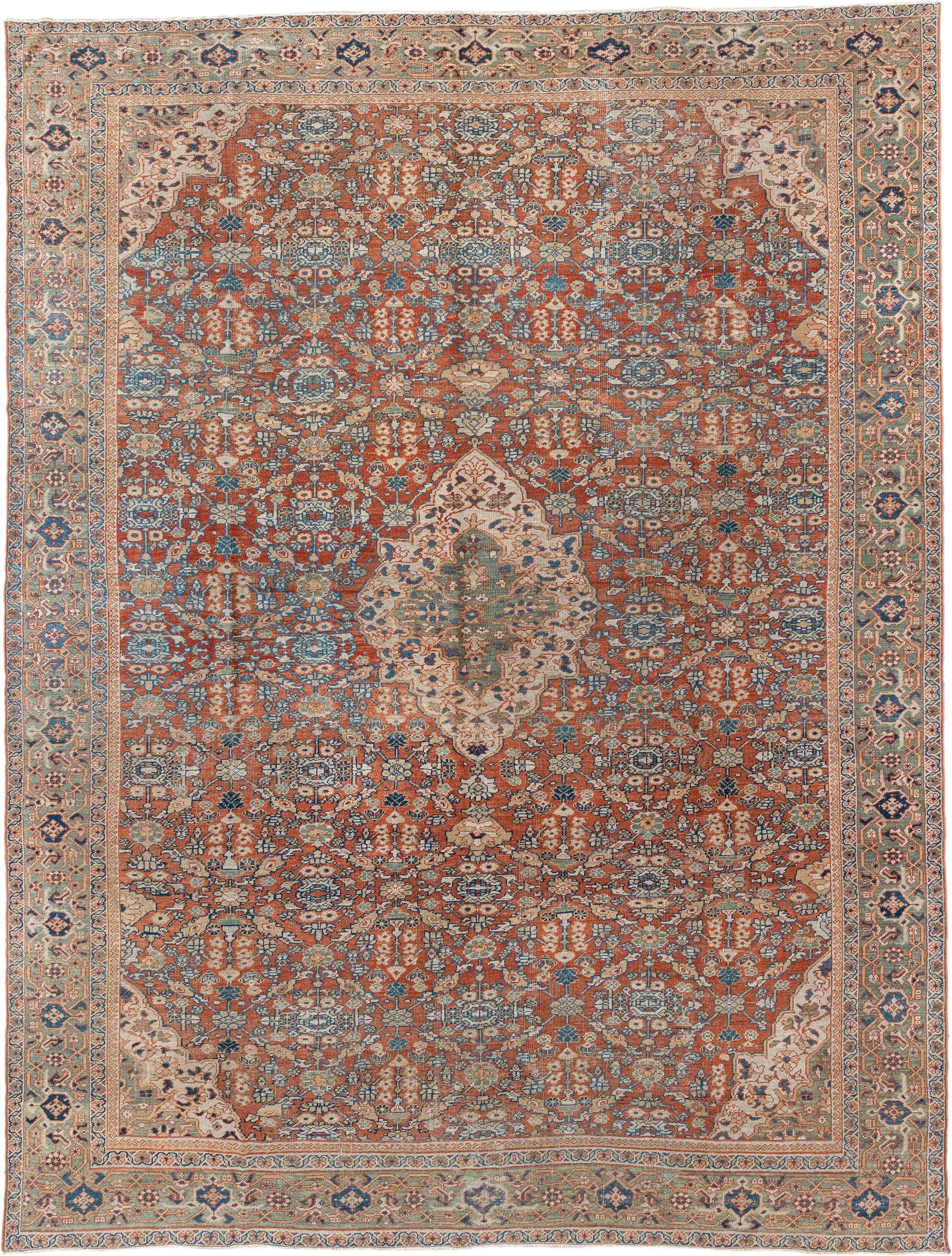9' x 13' one-of-a-kind handmade antique Mahal large size rug. Color palette: terracotta, ivory, sky blue, navy, sage, taupe