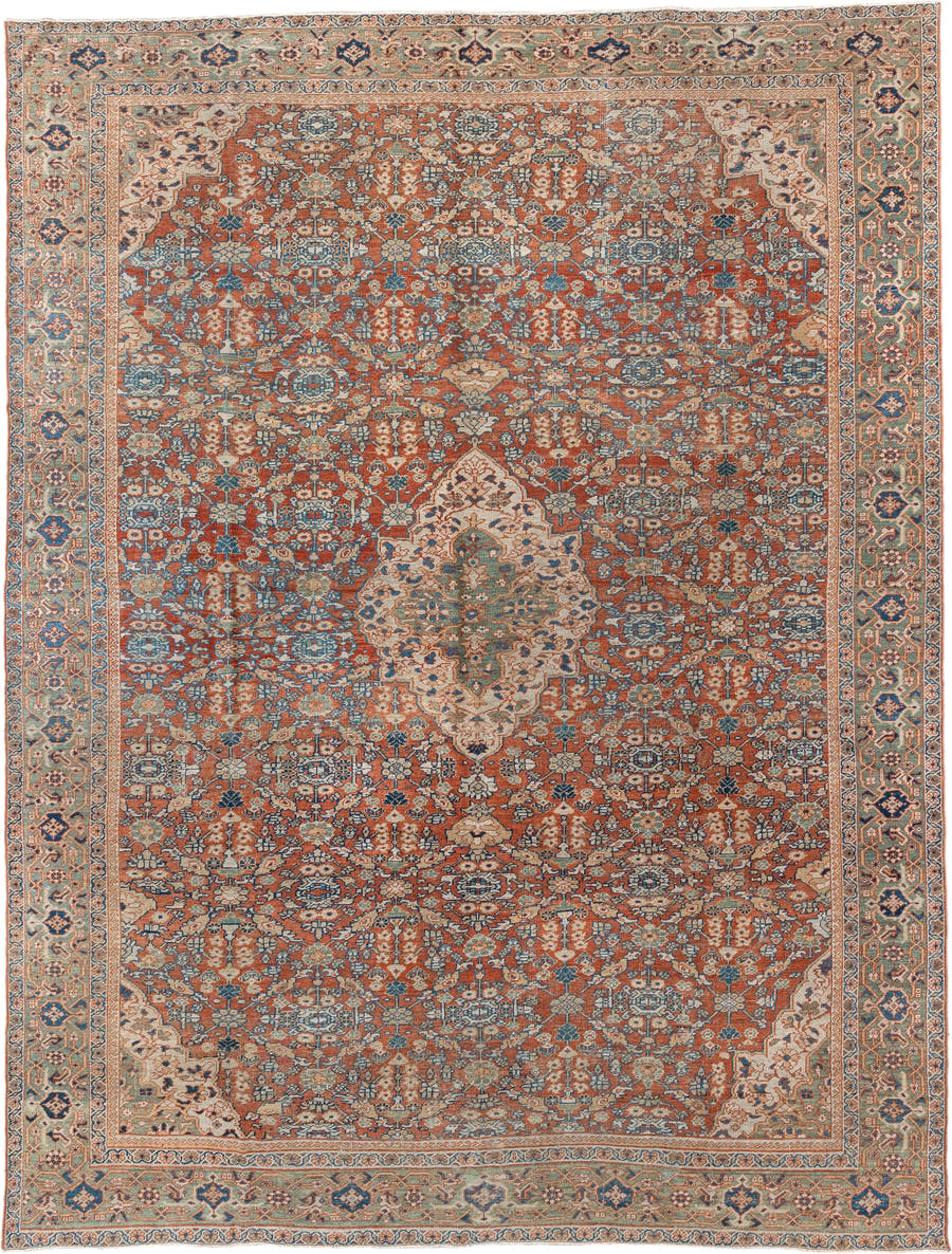 9' x 13' one-of-a-kind handmade antique Mahal large size rug. Color palette: terracotta, ivory, sky blue, navy, sage, taupe