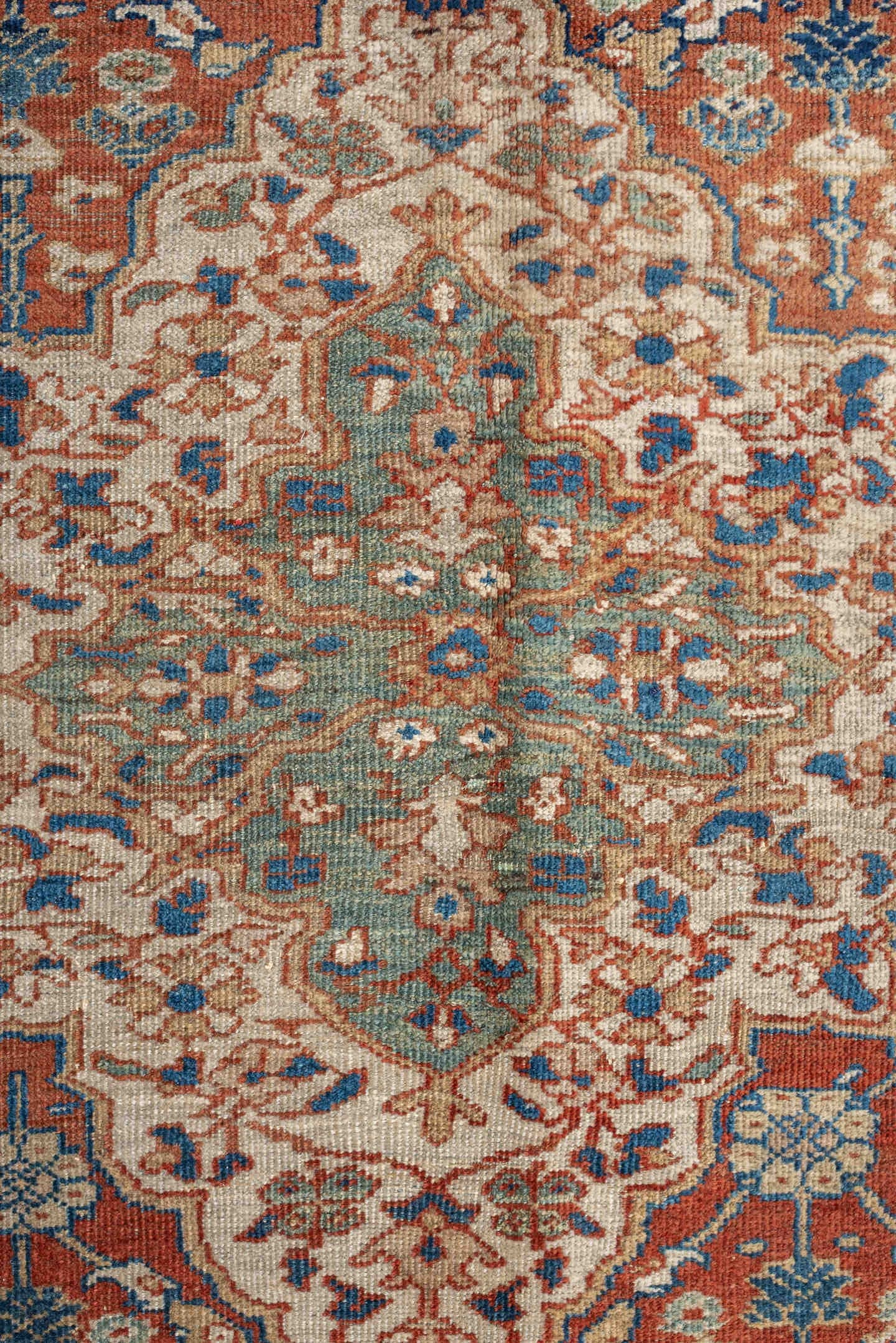 9' x 13' one-of-a-kind handmade antique Mahal large size rug. Color palette: terracotta, ivory, sky blue, navy, sage, taupe