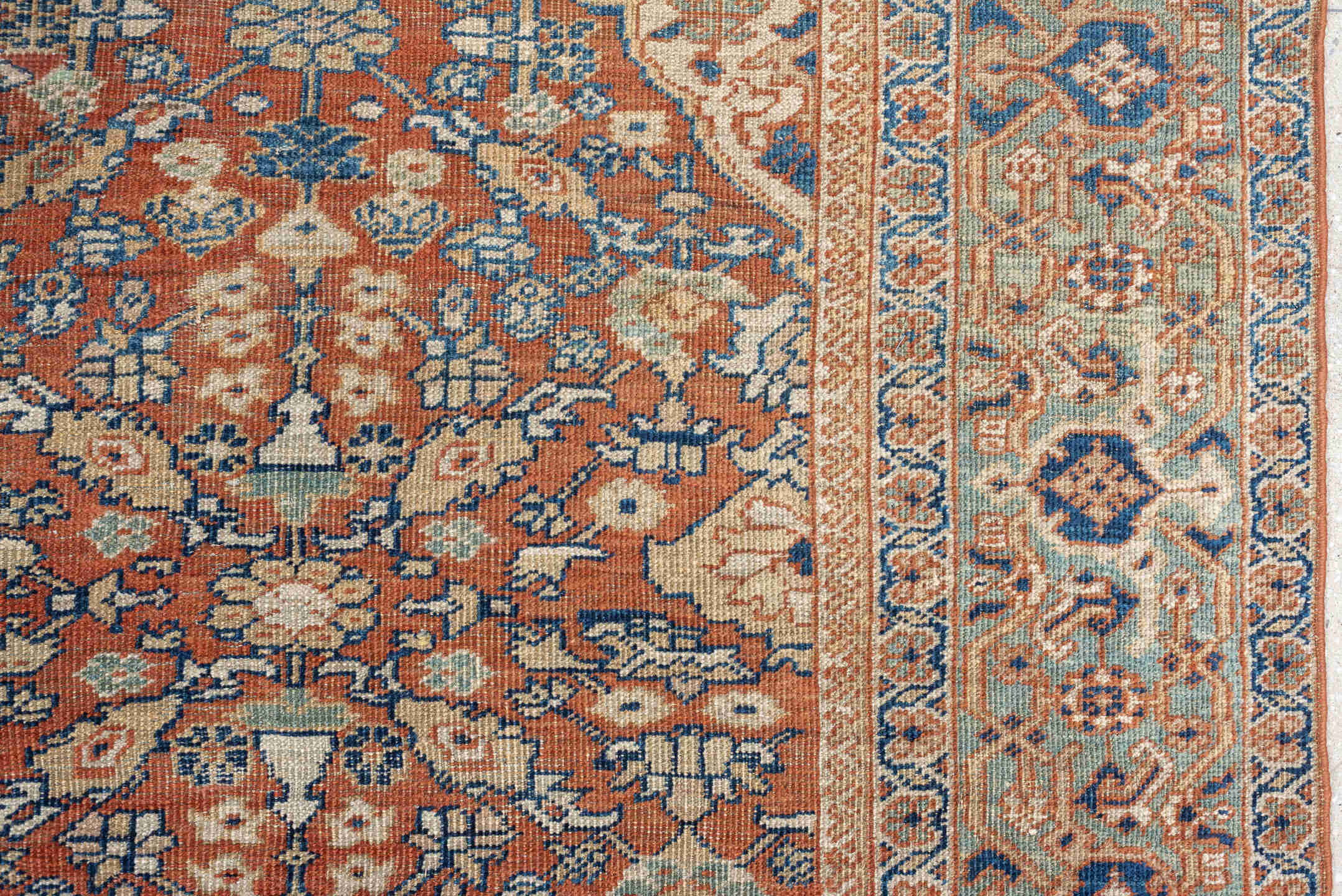 9' x 13' one-of-a-kind handmade antique Mahal large size rug. Color palette: terracotta, ivory, sky blue, navy, sage, taupe