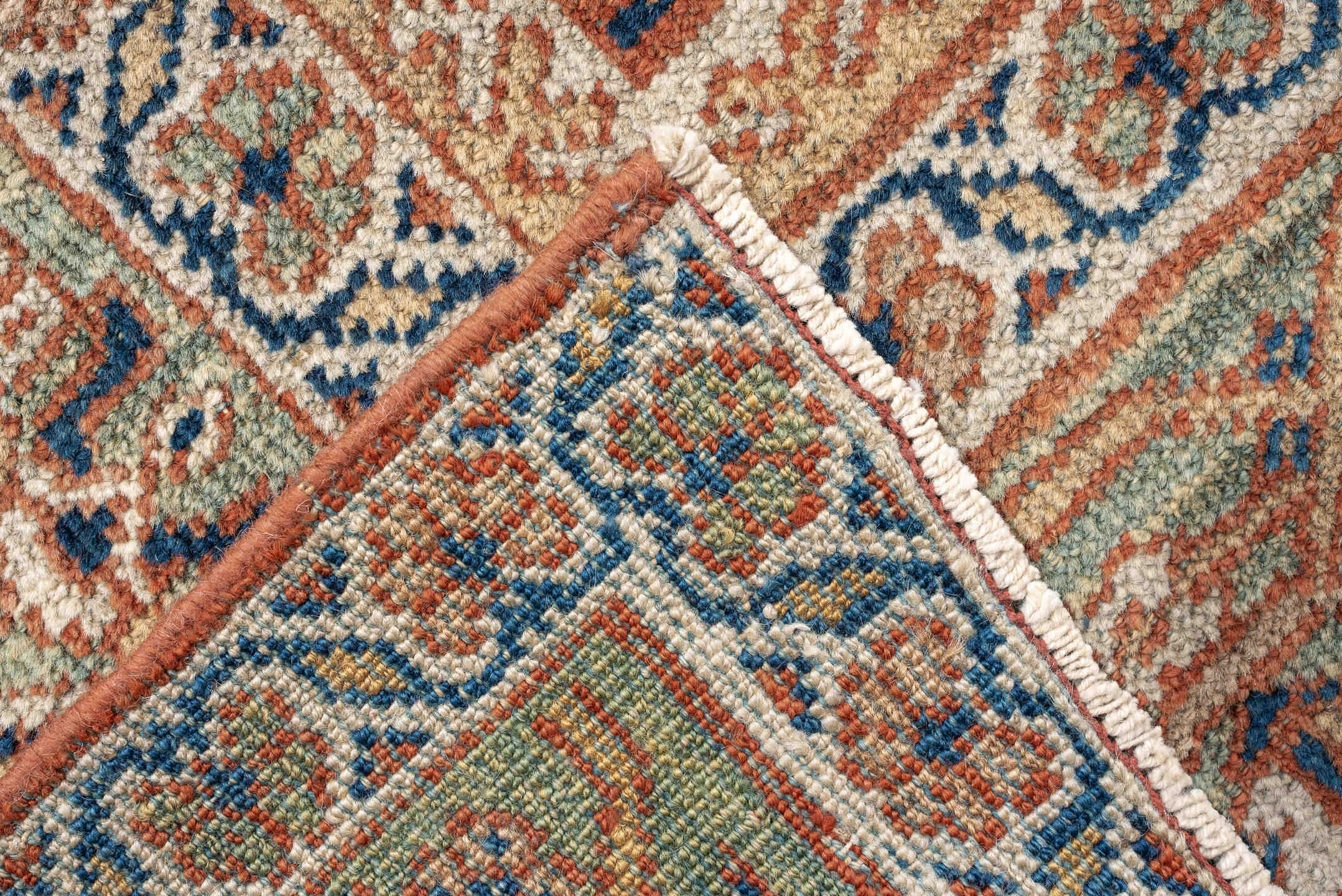 9' x 13' one-of-a-kind handmade antique Mahal large size rug. Color palette: terracotta, ivory, sky blue, navy, sage, taupe