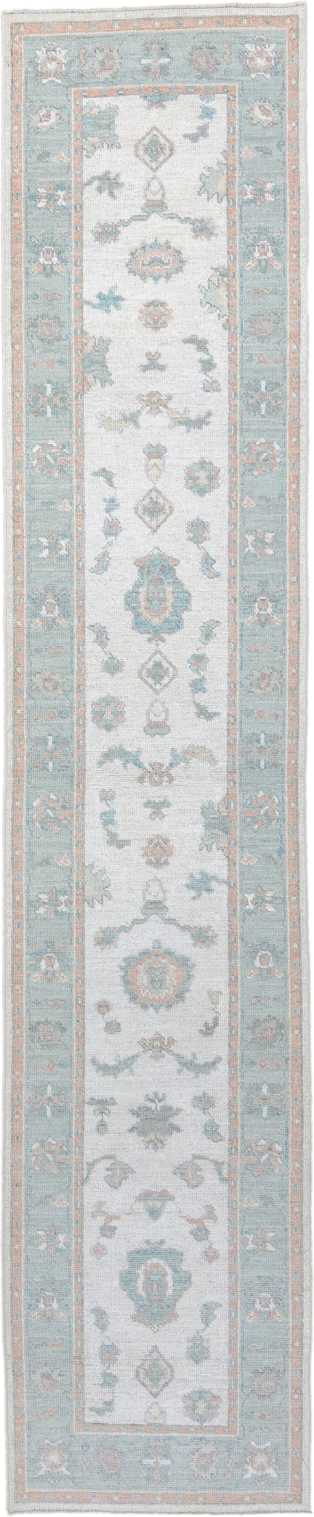 3' x 14' one-of-a-kind handmade vintage Oushak runner rug. Color palette: ivory, aqua, blush, sage, pale blue, taupe, teal