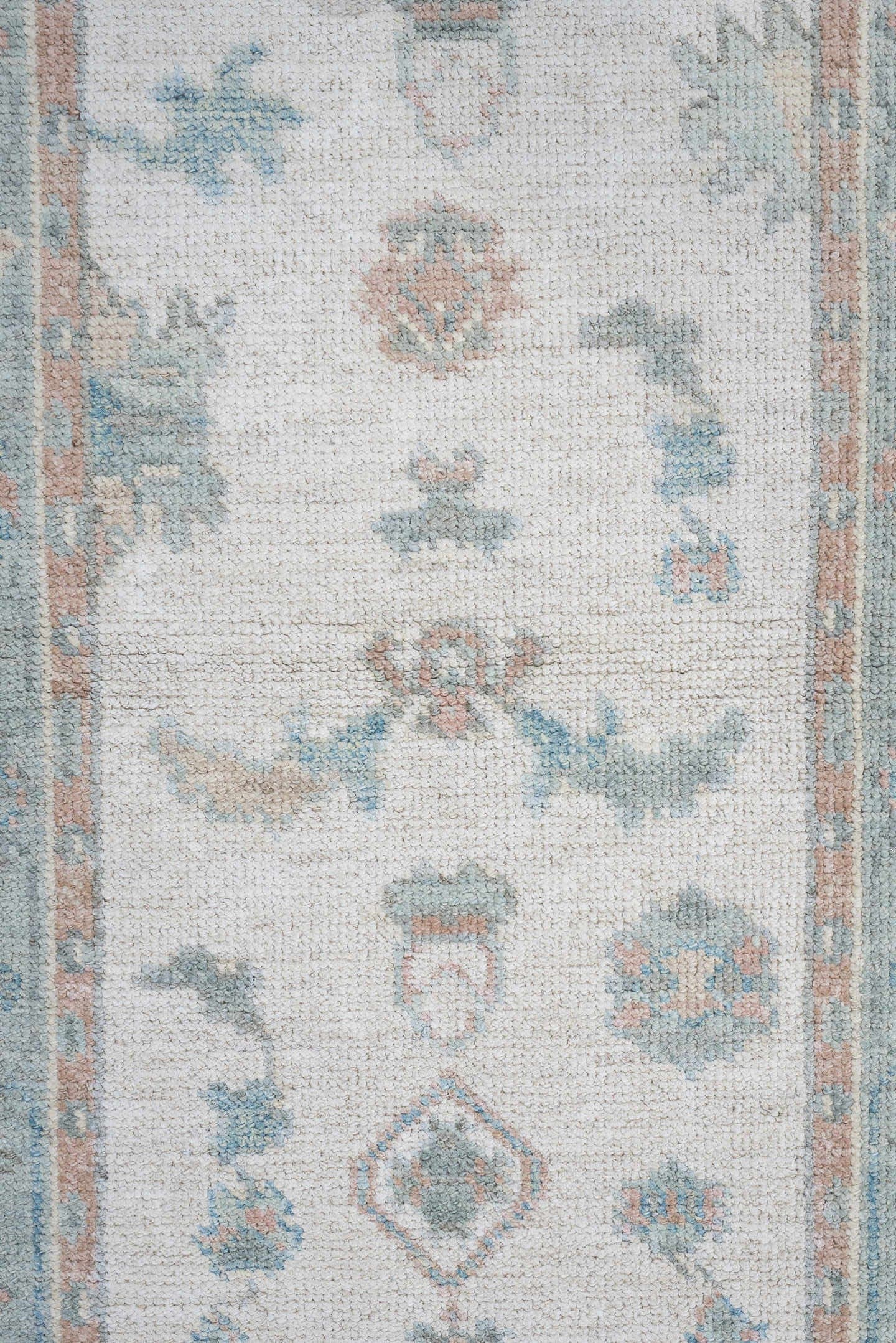 3' x 14' one-of-a-kind handmade vintage Oushak runner rug. Color palette: ivory, aqua, blush, sage, pale blue, taupe, teal