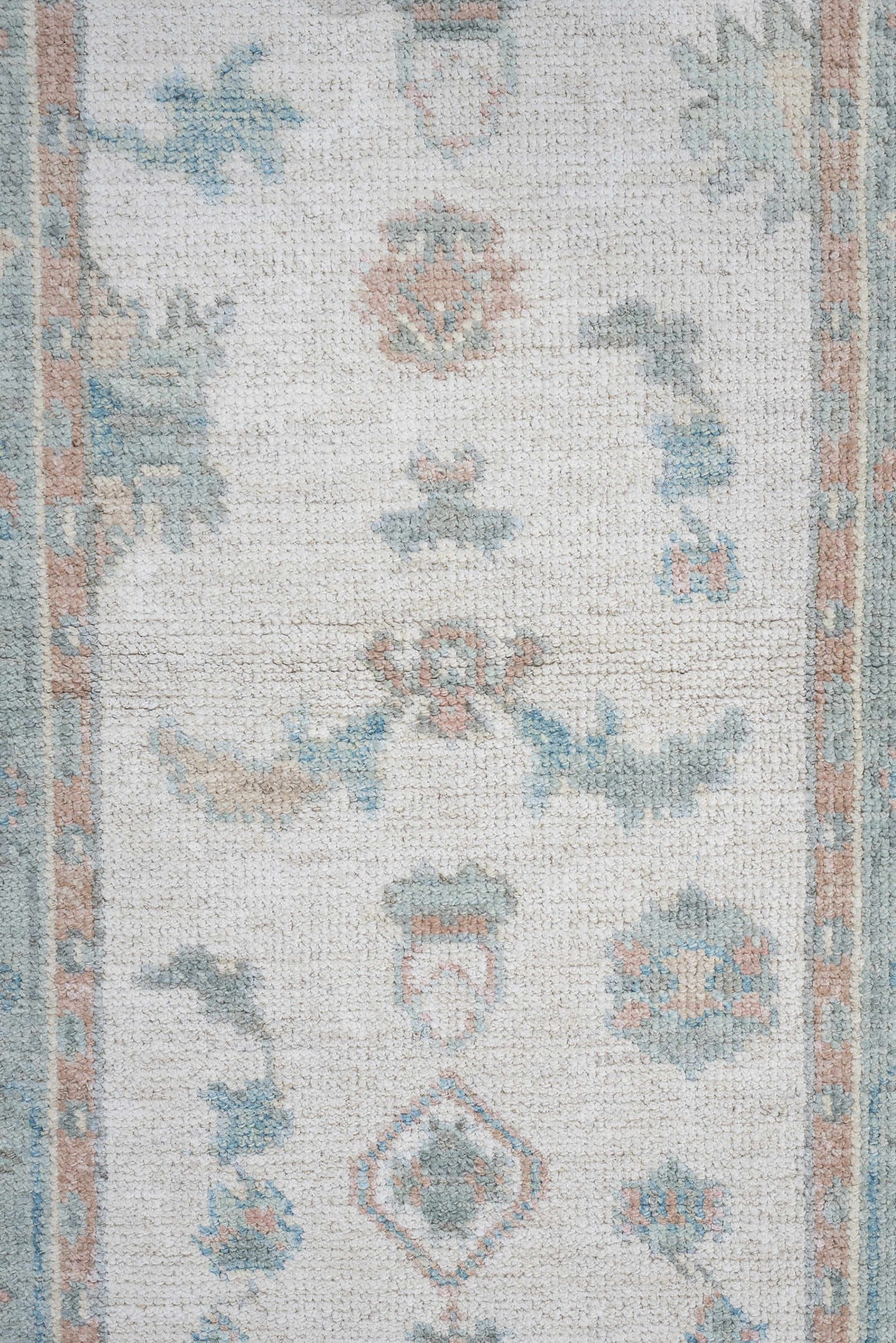 3' x 14' one-of-a-kind handmade vintage Oushak runner rug. Color palette: ivory, aqua, blush, sage, pale blue, taupe, teal