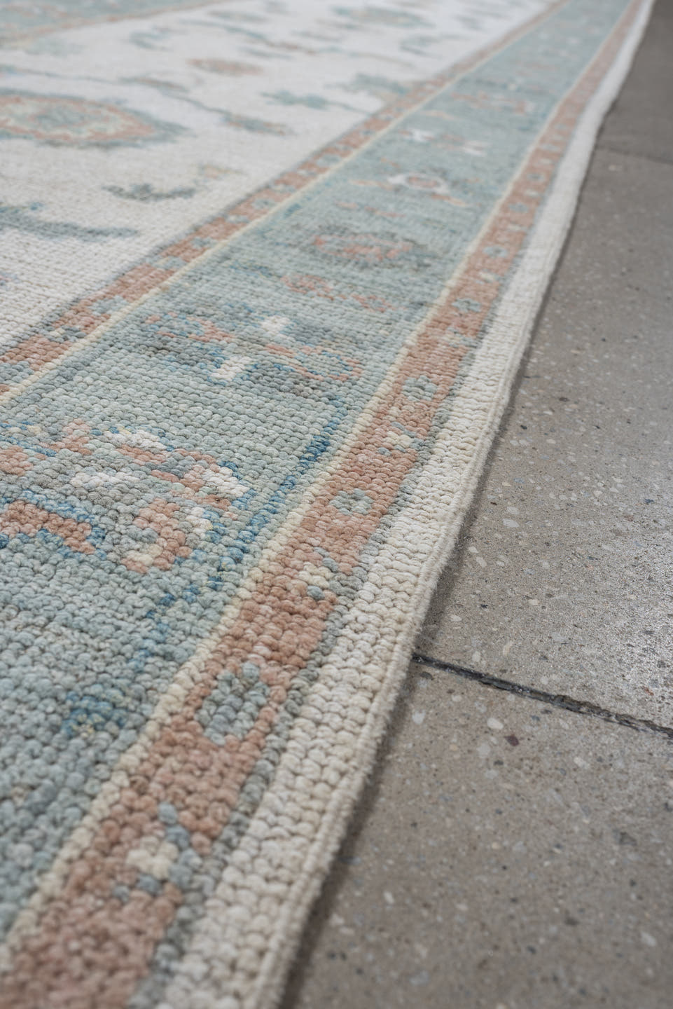 3' x 14' one-of-a-kind handmade vintage Oushak runner rug. Color palette: ivory, aqua, blush, sage, pale blue, taupe, teal
