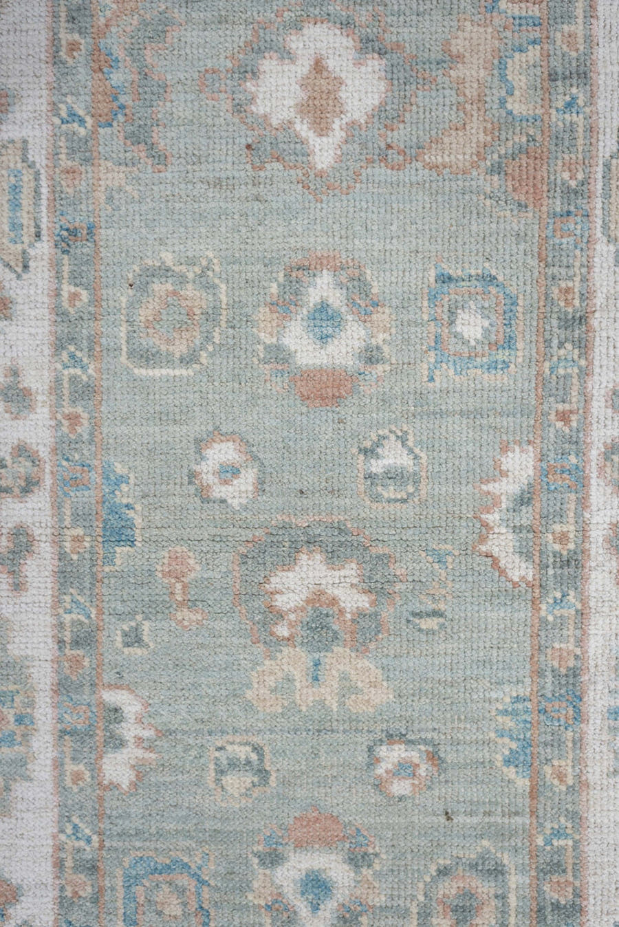 2' x 14' one-of-a-kind handmade vintage Oushak runner rug. Color palette: aqua, ivory, blush, taupe, sage, teal, pink, beige