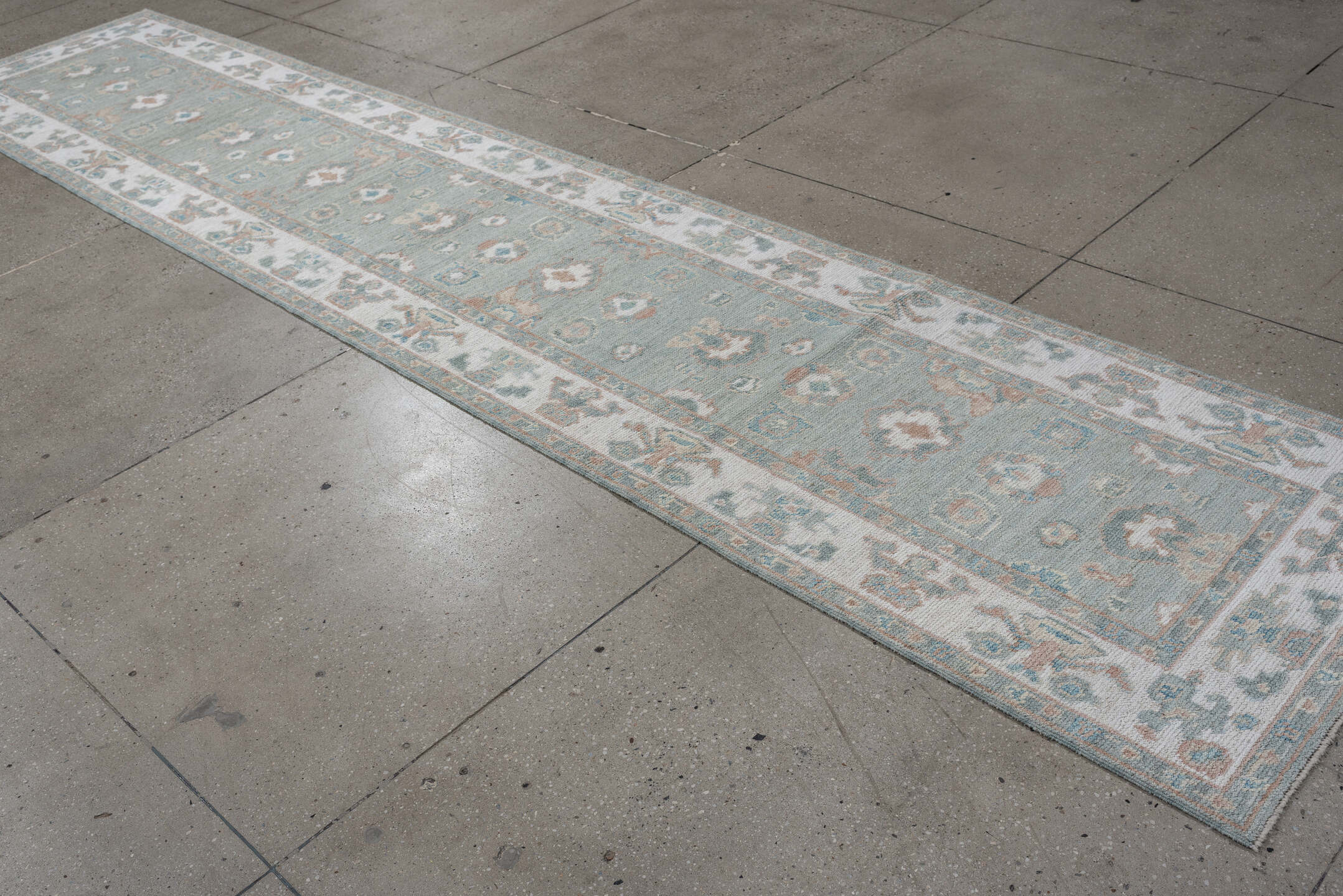 2' x 14' one-of-a-kind handmade vintage Oushak runner rug. Color palette: aqua, ivory, blush, taupe, sage, teal, pink, beige