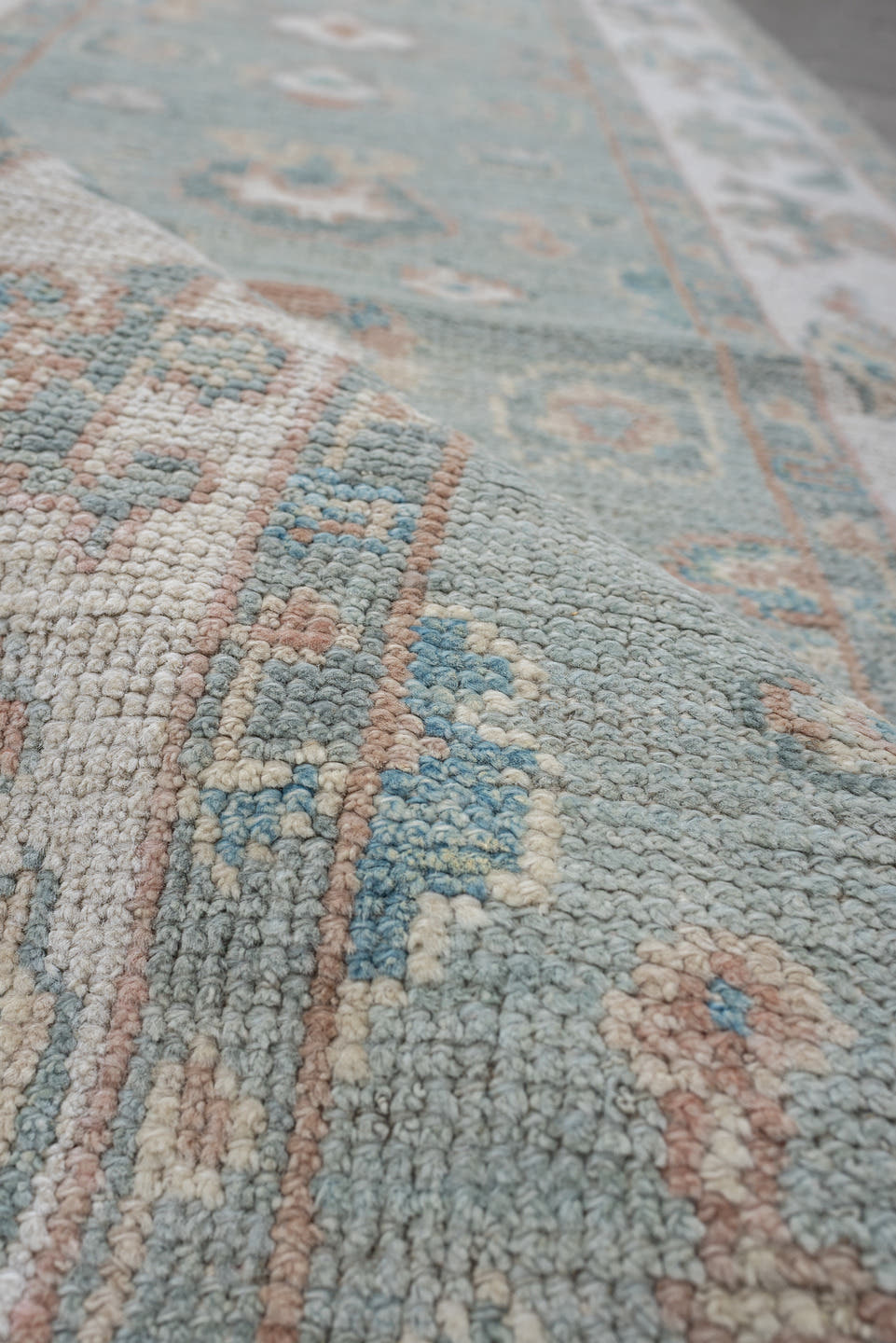 2' x 14' one-of-a-kind handmade vintage Oushak runner rug. Color palette: aqua, ivory, blush, taupe, sage, teal, pink, beige