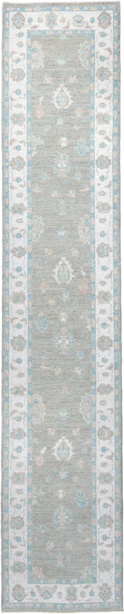 3' x 14' one-of-a-kind handmade vintage Oushak runner rug. Color palette: light gray, ivory, pale aqua, blush, taupe, teal