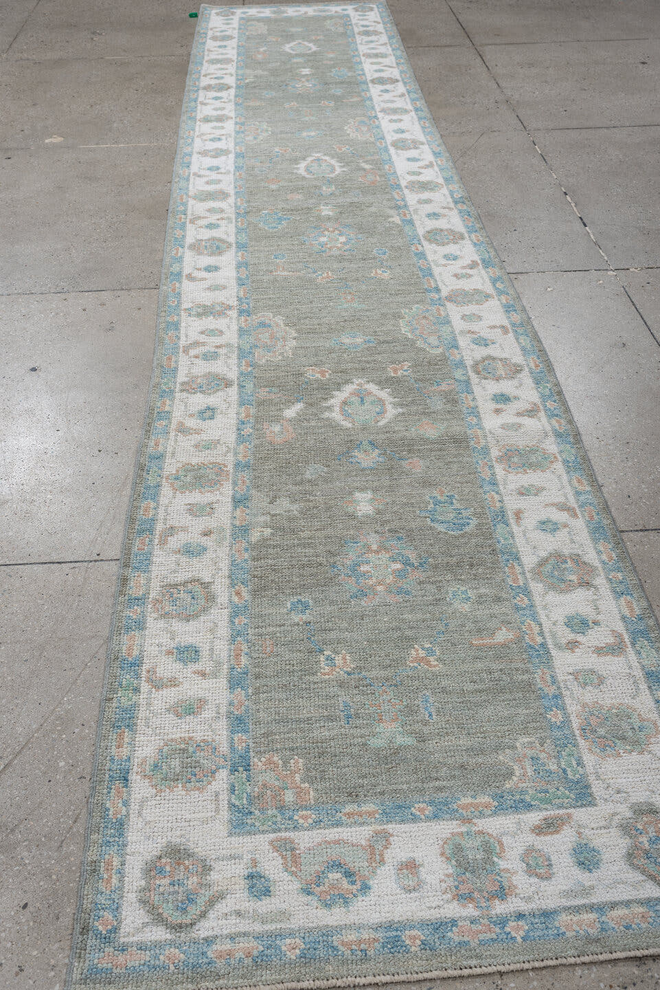 3' x 14' one-of-a-kind handmade vintage Oushak runner rug. Color palette: light gray, ivory, pale aqua, blush, taupe, teal