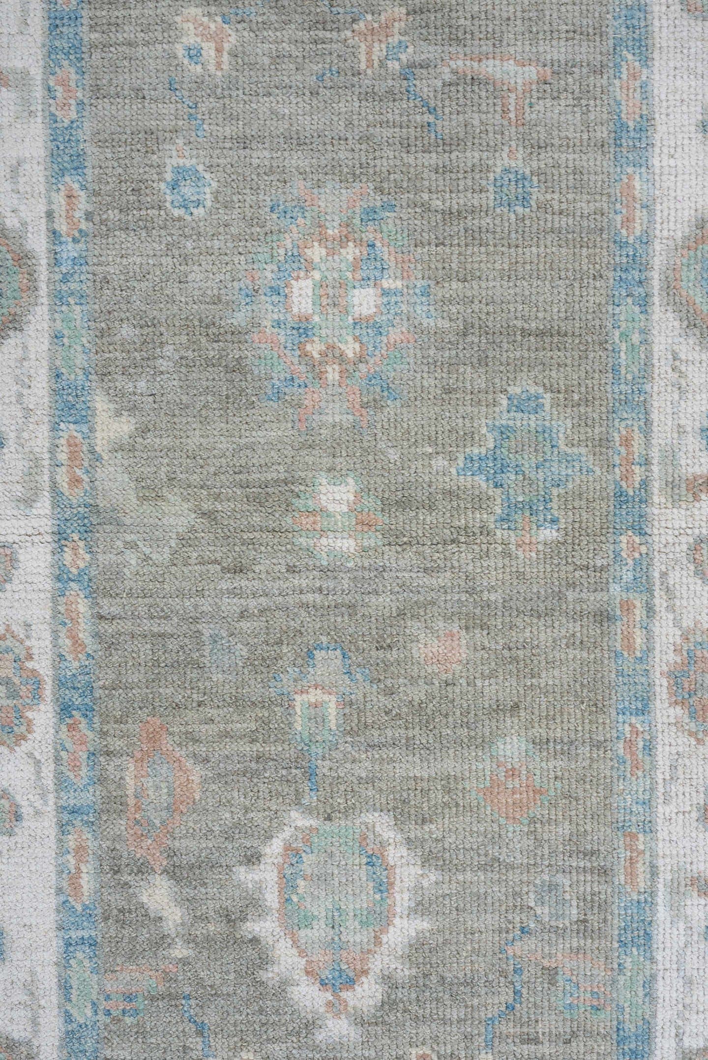 3' x 14' one-of-a-kind handmade vintage Oushak runner rug. Color palette: light gray, ivory, pale aqua, blush, taupe, teal