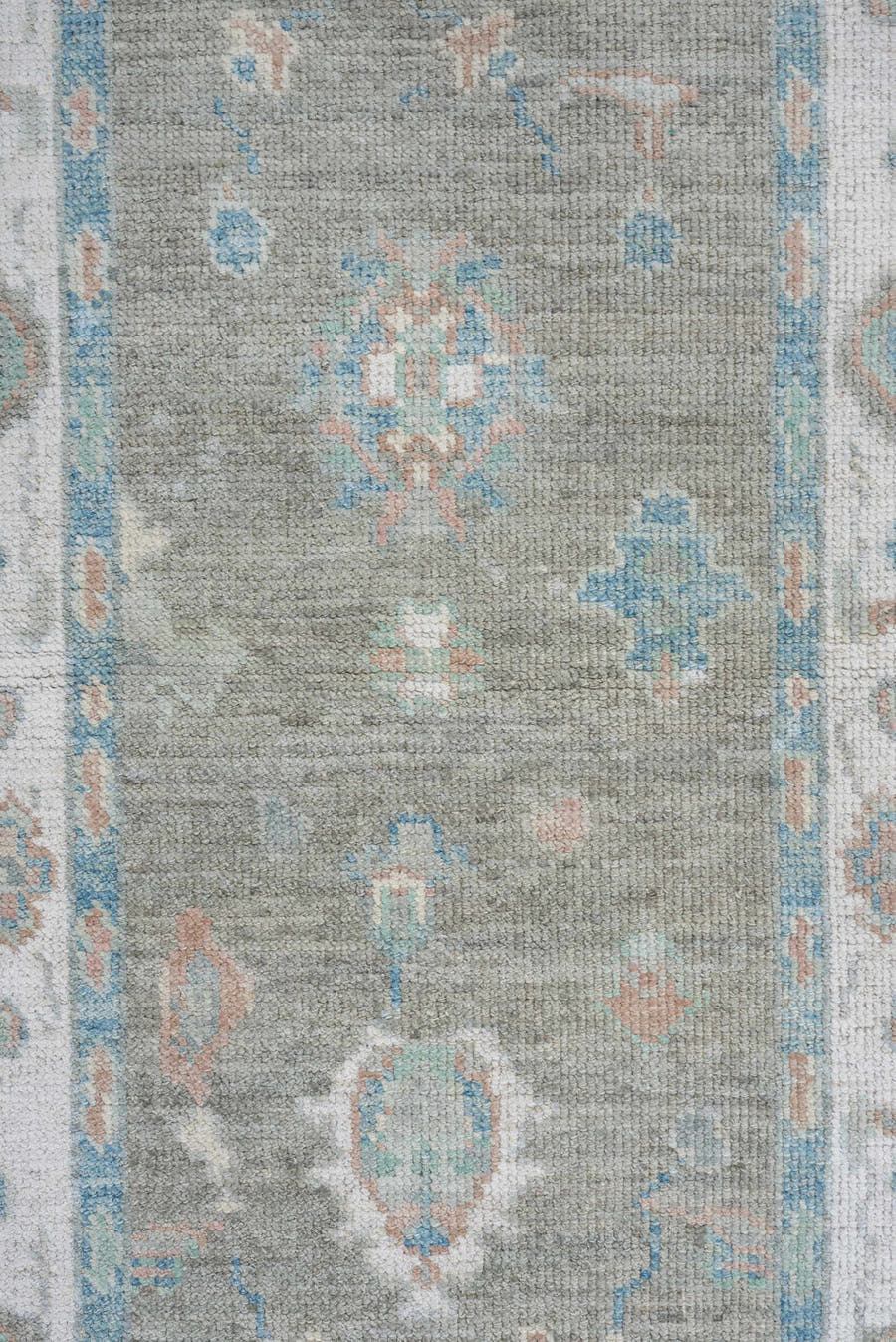 3' x 14' one-of-a-kind handmade vintage Oushak runner rug. Color palette: light gray, ivory, pale aqua, blush, taupe, teal
