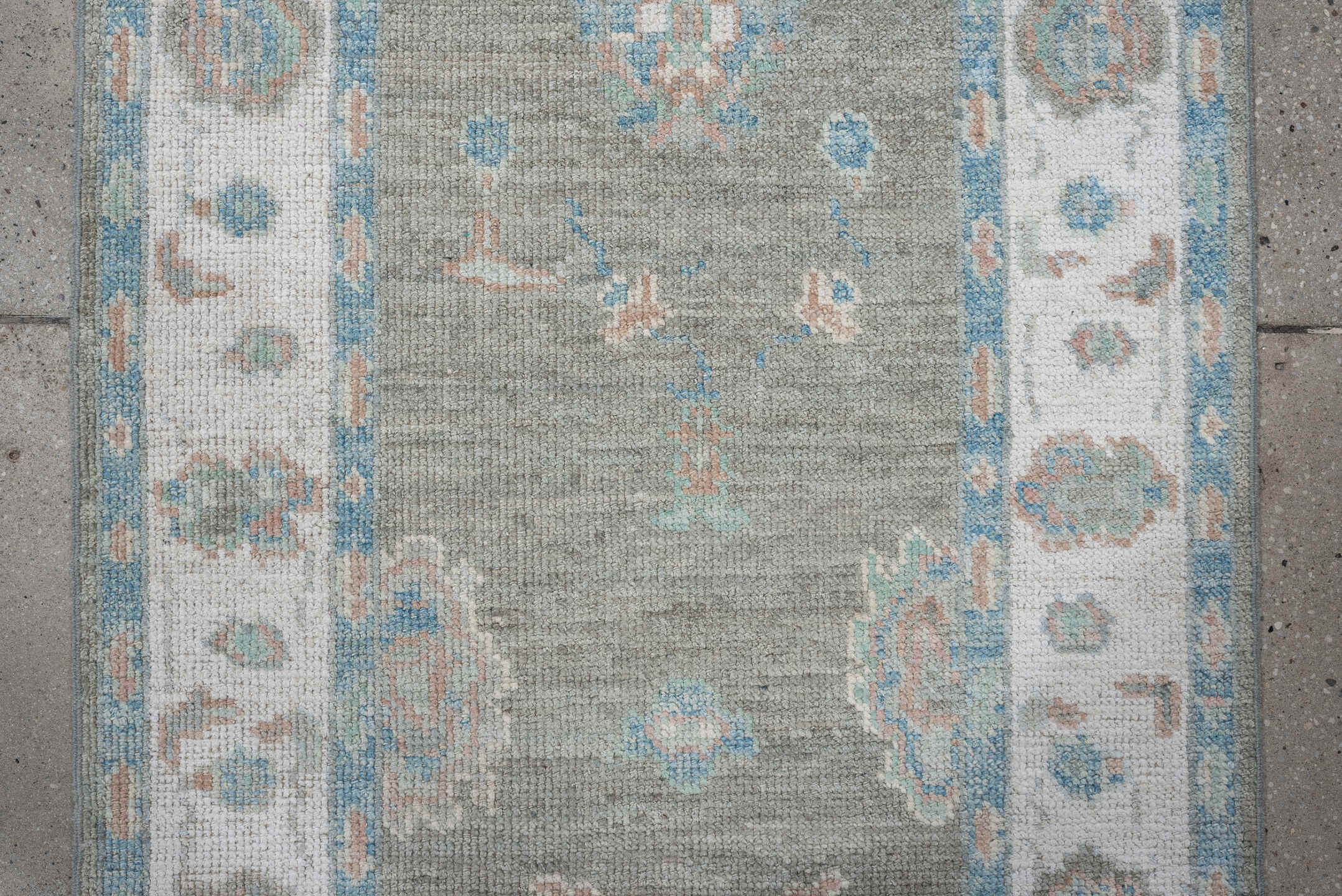 3' x 14' one-of-a-kind handmade vintage Oushak runner rug. Color palette: light gray, ivory, pale aqua, blush, taupe, teal