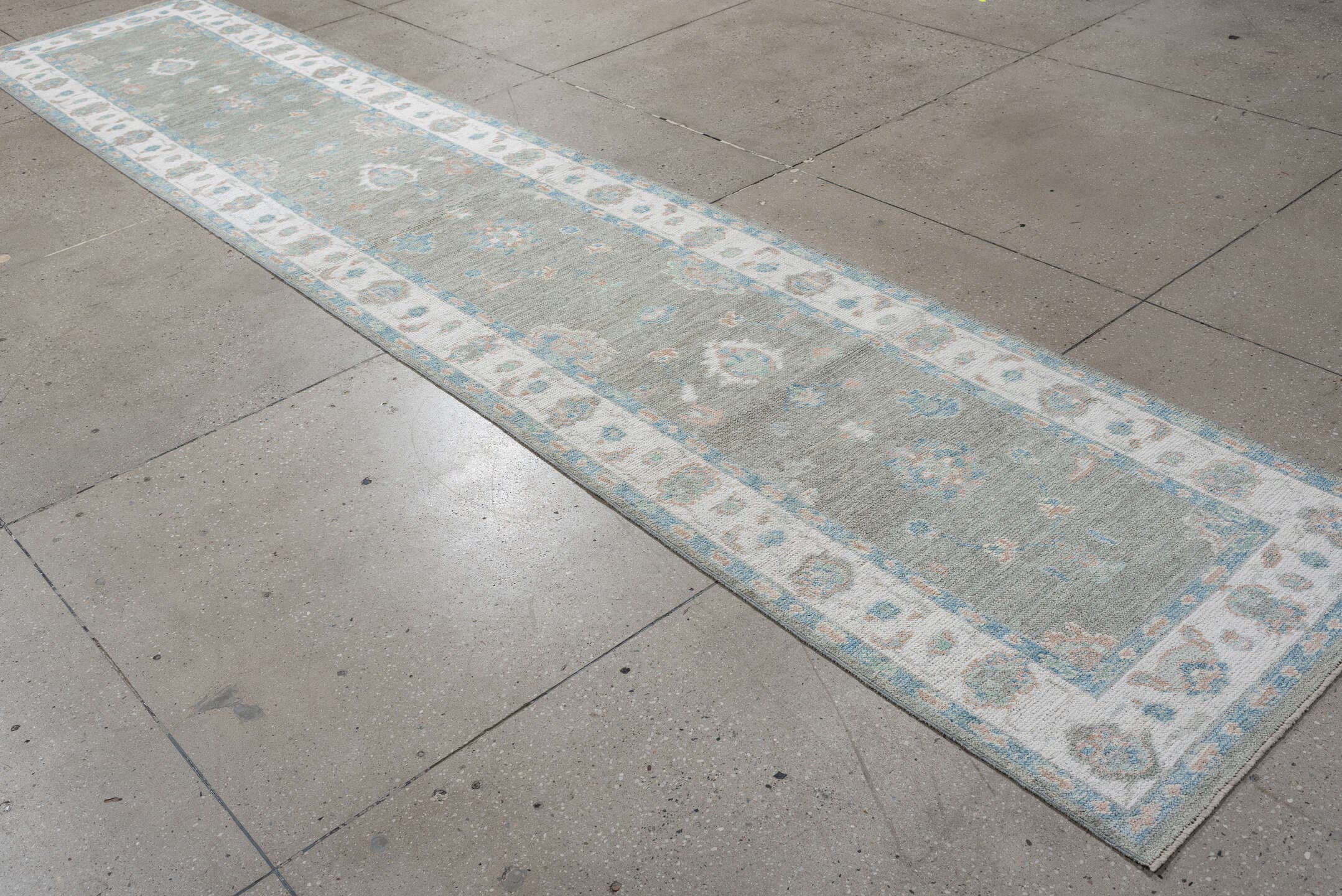 3' x 14' one-of-a-kind handmade vintage Oushak runner rug. Color palette: light gray, ivory, pale aqua, blush, taupe, teal