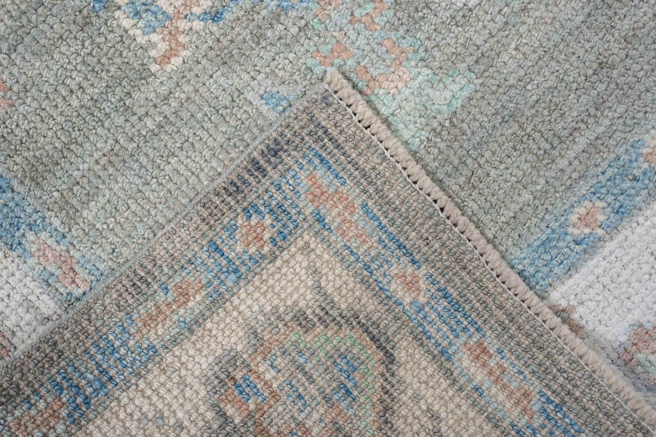 3' x 14' one-of-a-kind handmade vintage Oushak runner rug. Color palette: light gray, ivory, pale aqua, blush, taupe, teal