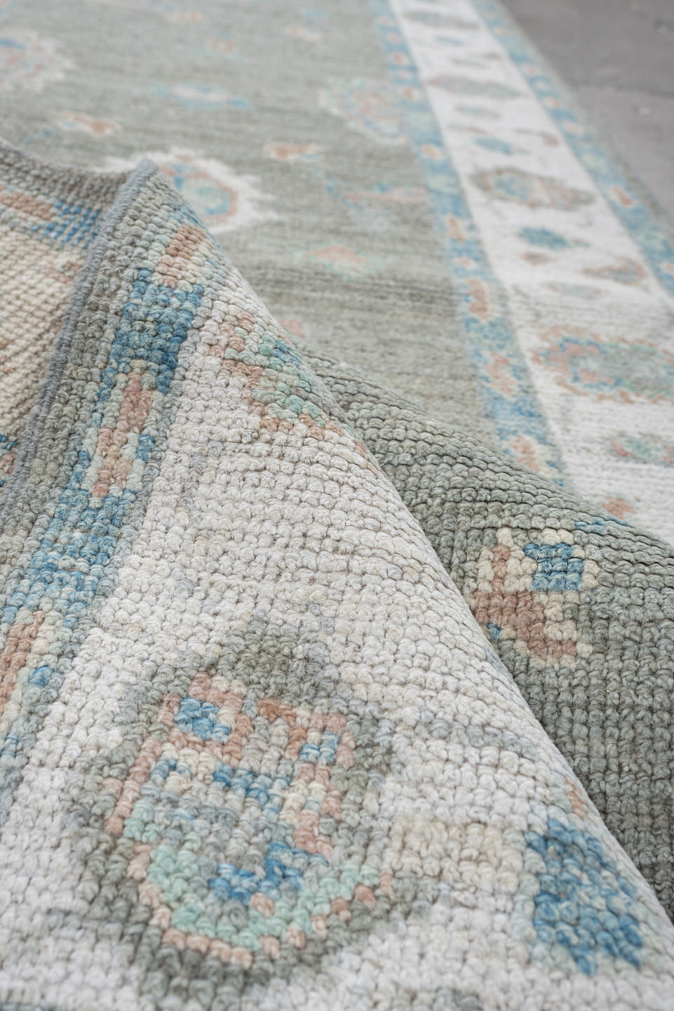3' x 14' one-of-a-kind handmade vintage Oushak runner rug. Color palette: light gray, ivory, pale aqua, blush, taupe, teal