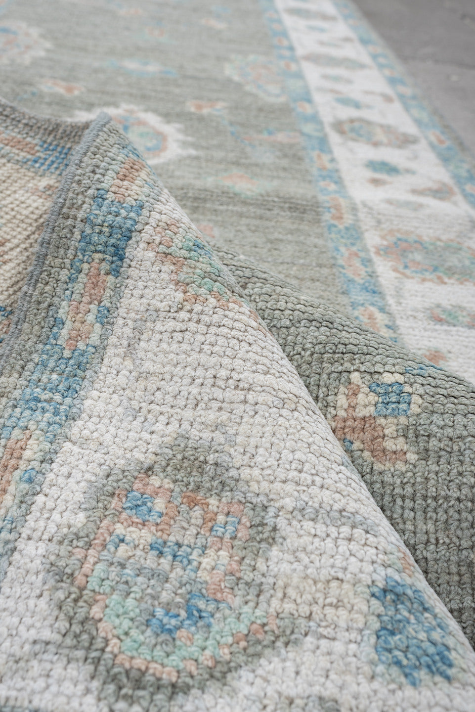 3' x 14' one-of-a-kind handmade vintage Oushak runner rug. Color palette: light gray, ivory, pale aqua, blush, taupe, teal